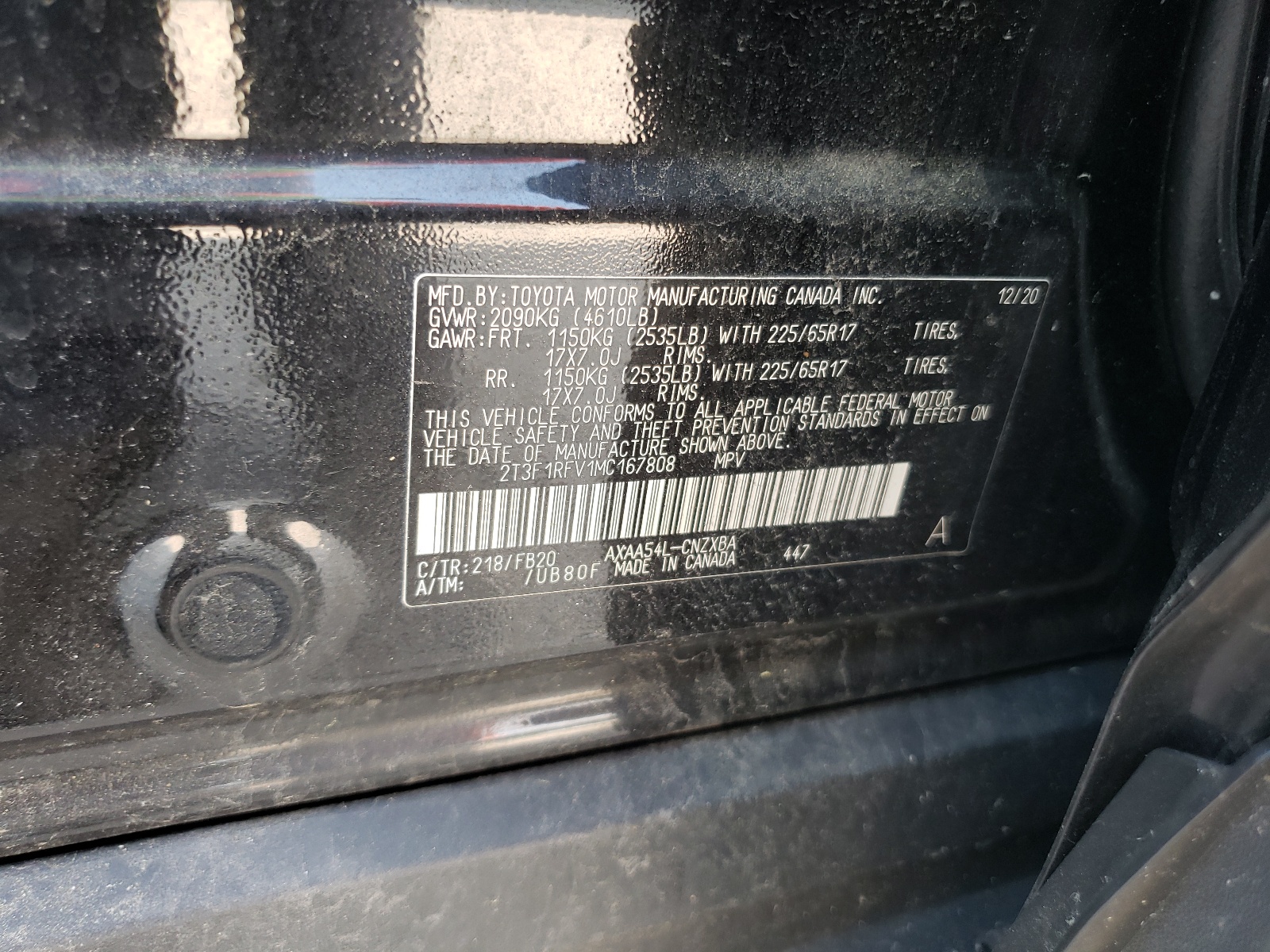 2T3F1RFV1MC167808 2021 Toyota Rav4 Le