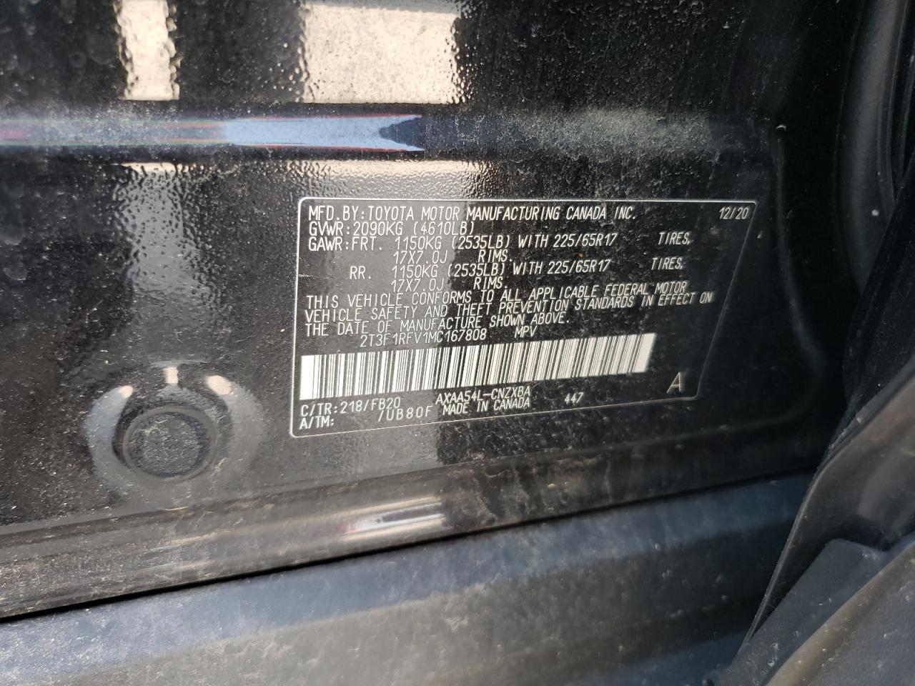 2021 Toyota Rav4 Le VIN: 2T3F1RFV1MC167808 Lot: 60593934