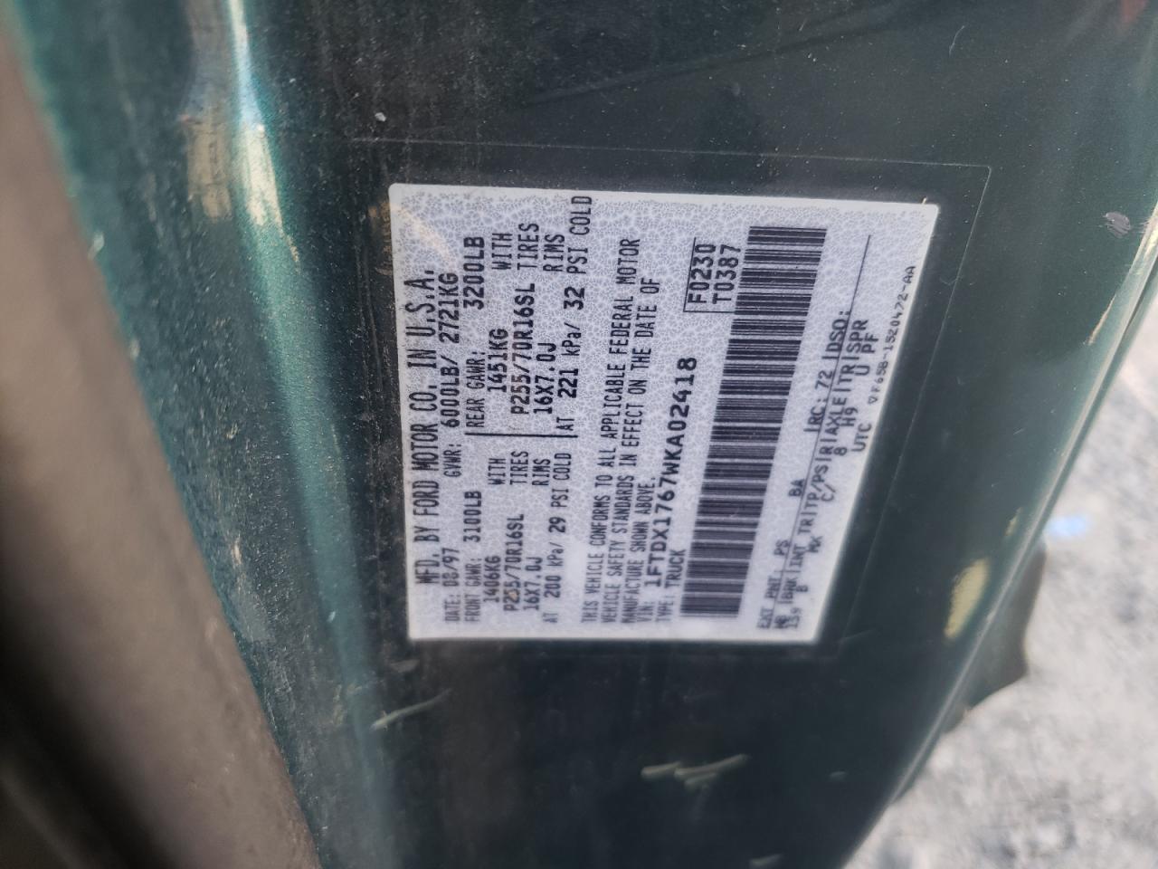 1998 Ford F150 VIN: 1FTDX1767WKA02418 Lot: 60553104