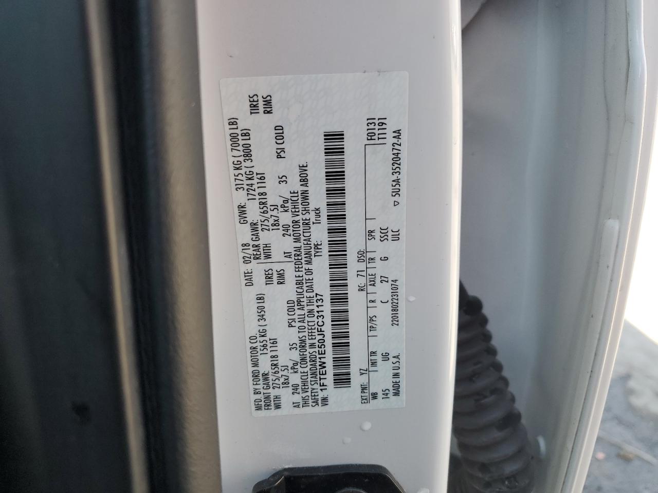 2018 Ford F150 Supercrew VIN: 1FTEW1E50JFC31137 Lot: 59229774