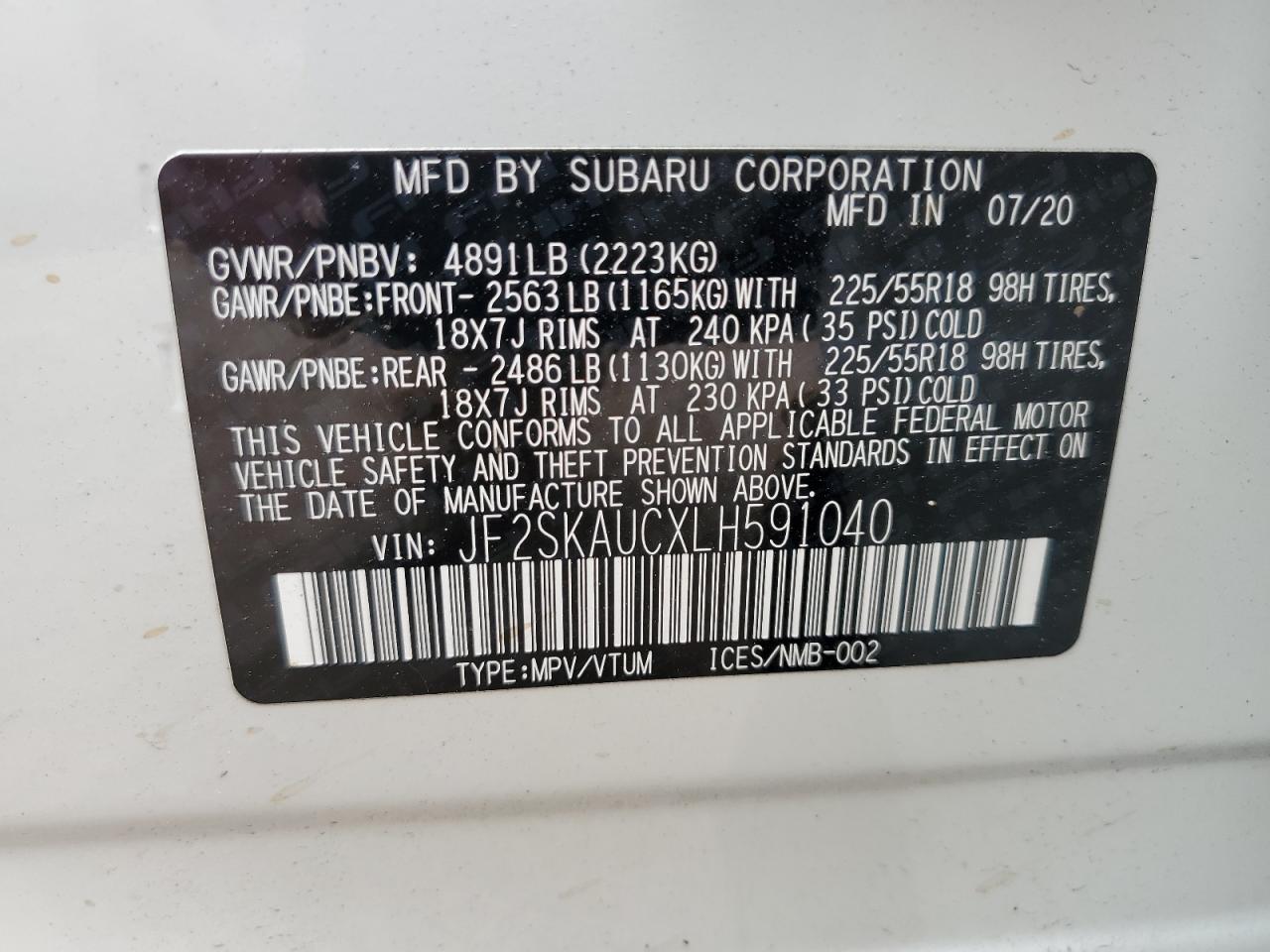 2020 Subaru Forester Limited VIN: JF2SKAUCXLH591040 Lot: 59466994