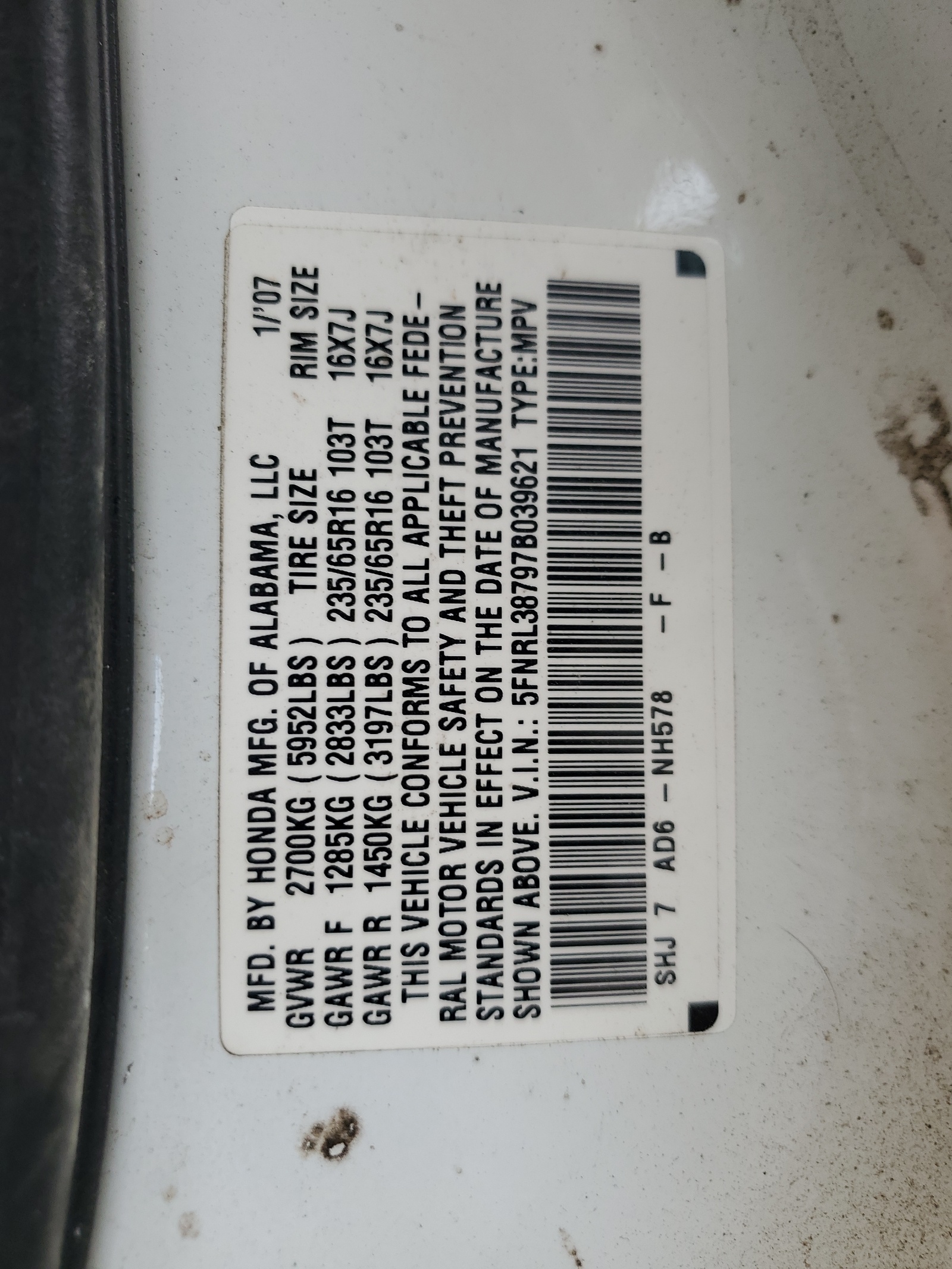 5FNRL38797B039621 2007 Honda Odyssey Exl