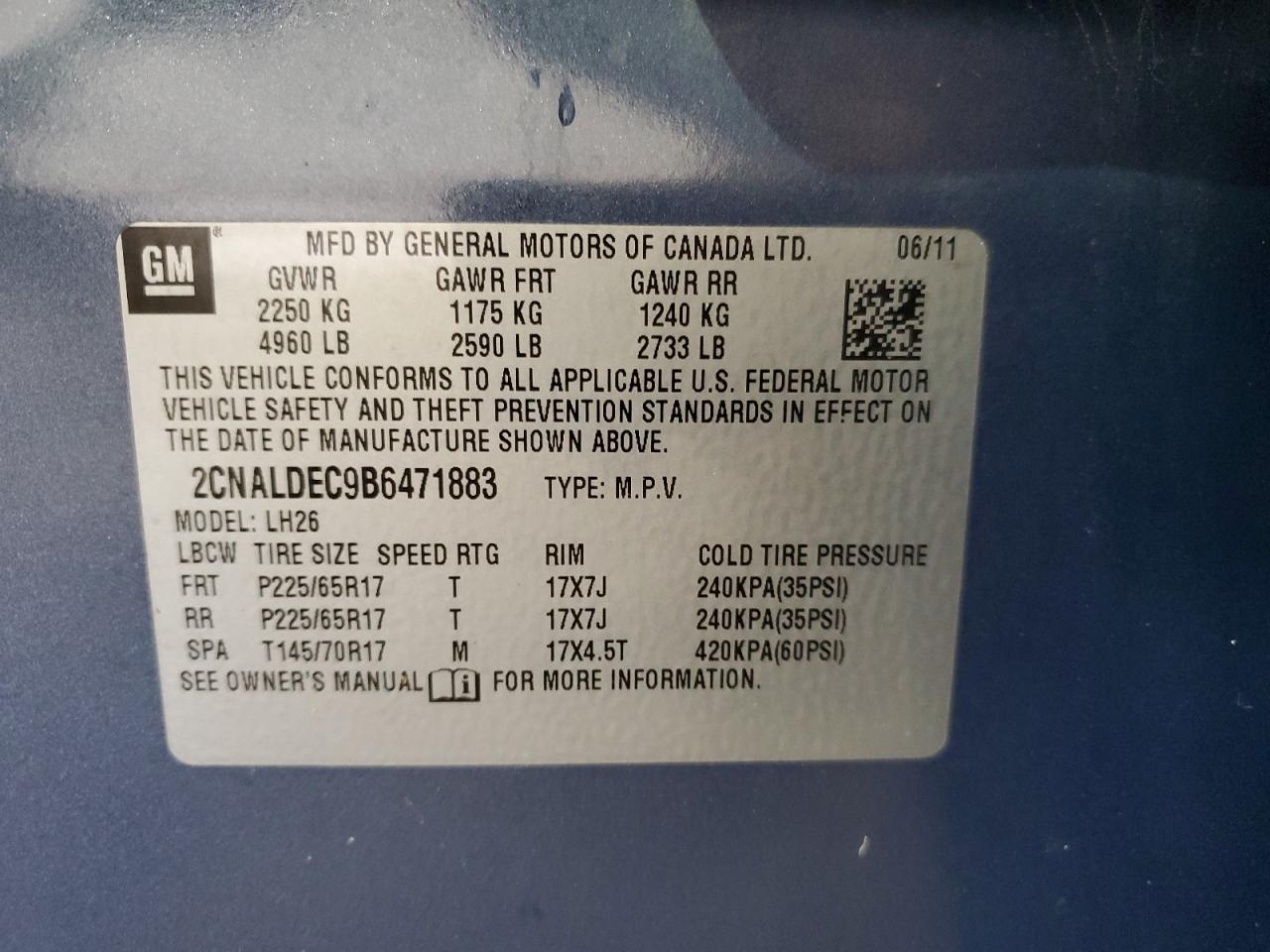 2011 Chevrolet Equinox Lt VIN: 2CNALDEC9B6471883 Lot: 57448764