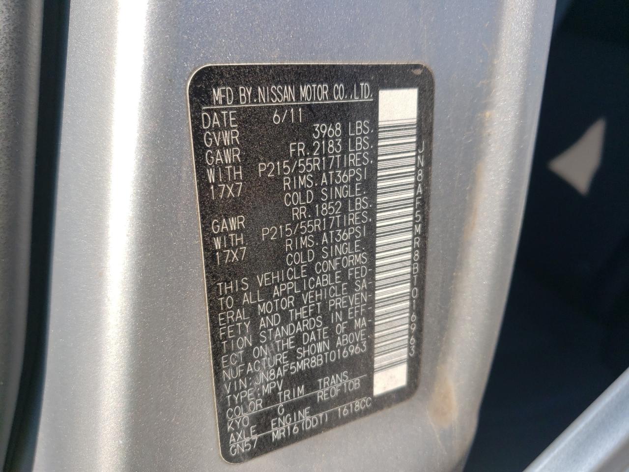 2011 Nissan Juke S VIN: JN8AF5MR8BT016963 Lot: 59517404