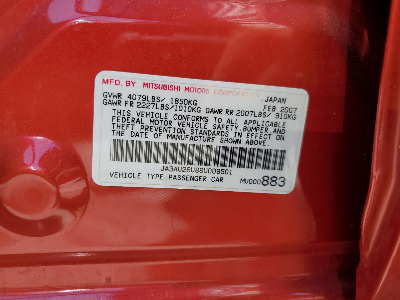 2008 Mitsubishi Lancer Es VIN: JA3AU26U88U009501 Lot: 58316614