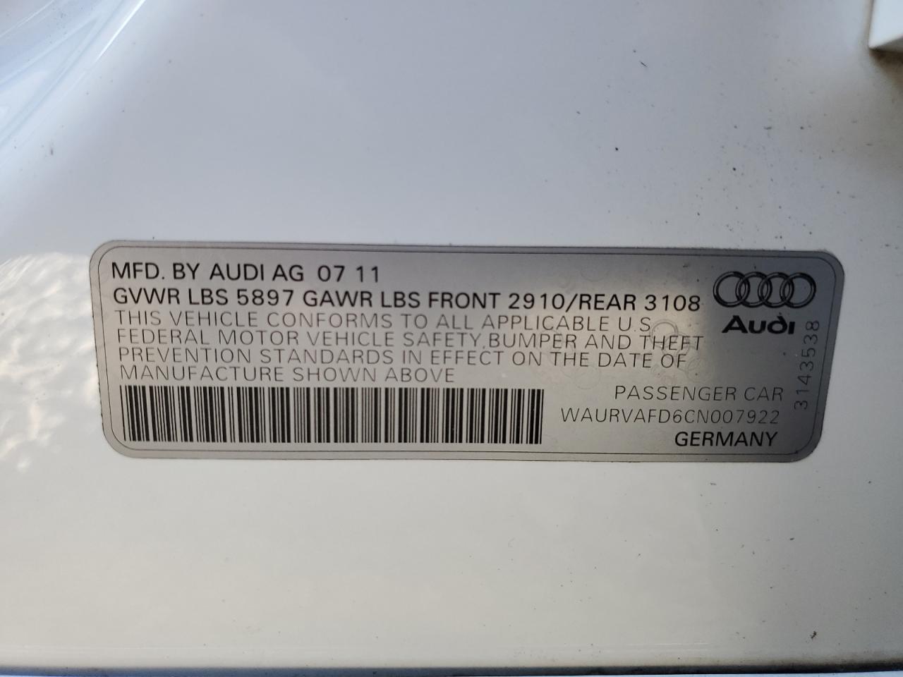 2012 Audi A8 L Quattro VIN: WAURVAFD6CN007922 Lot: 60077384