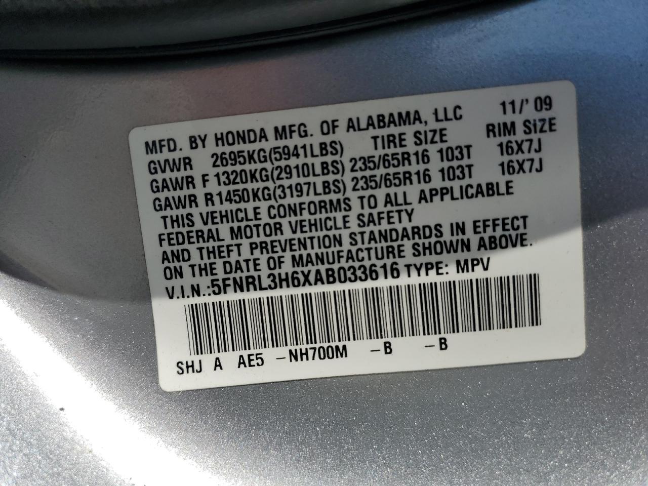 5FNRL3H6XAB033616 2010 Honda Odyssey Exl