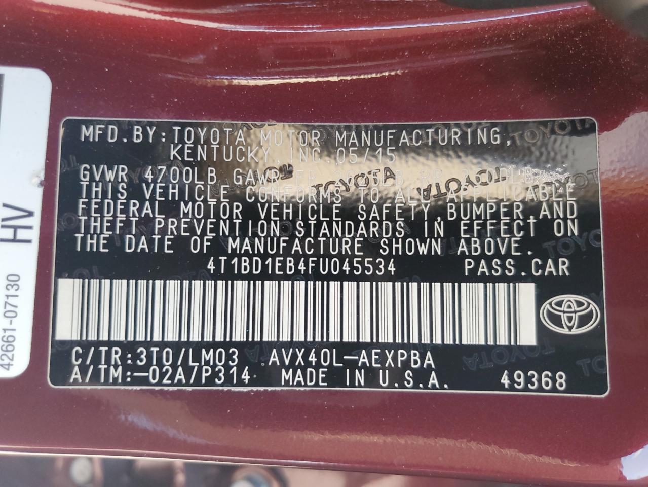 2015 Toyota Avalon Hybrid VIN: 4T1BD1EB4FU045534 Lot: 60060874