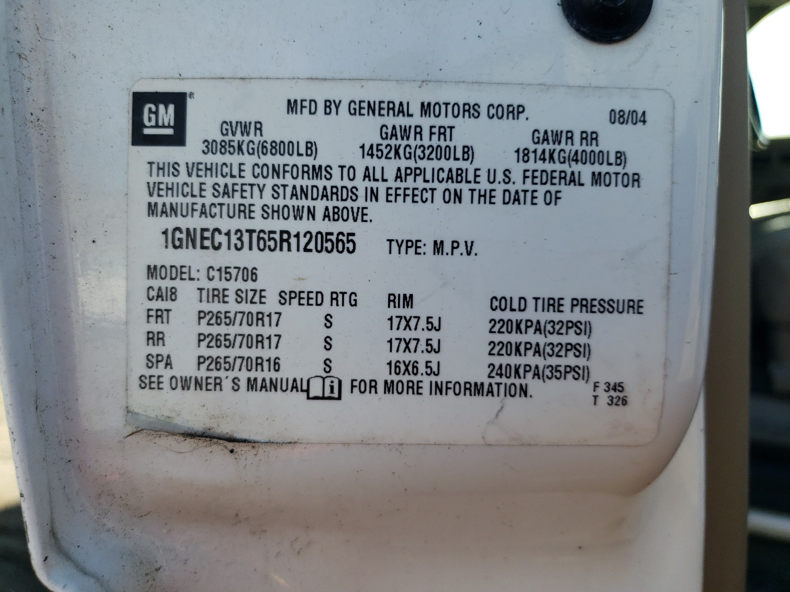 1GNEC13T65R120565 2005 Chevrolet Tahoe C1500