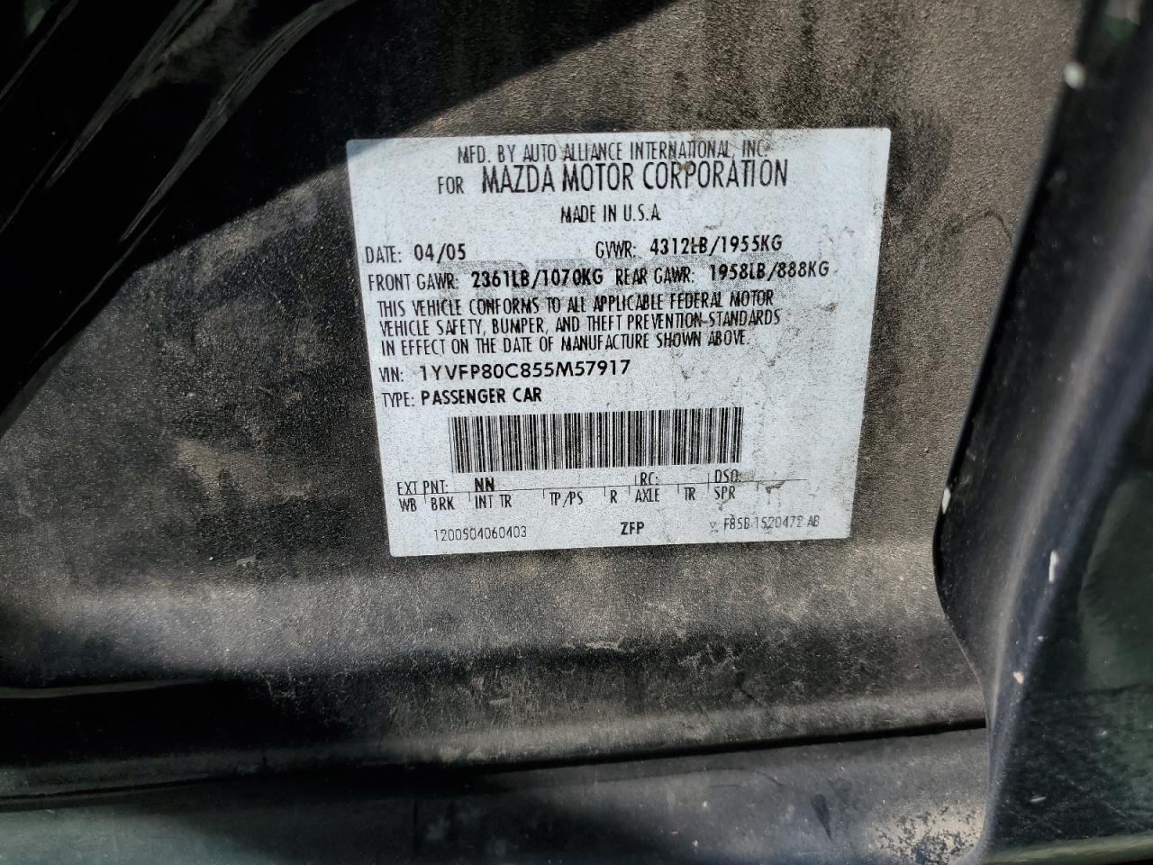 2005 Mazda 6 I VIN: 1YVFP80C855M57917 Lot: 59911764