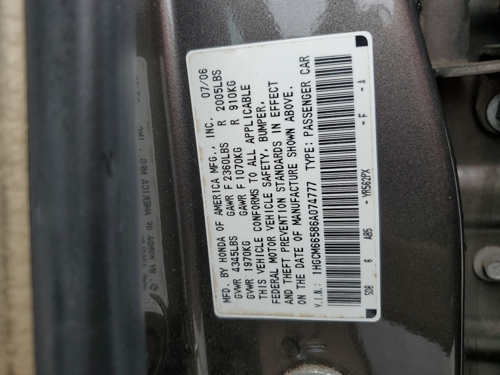 1HGCM66586A074777 2006 Honda Accord Ex