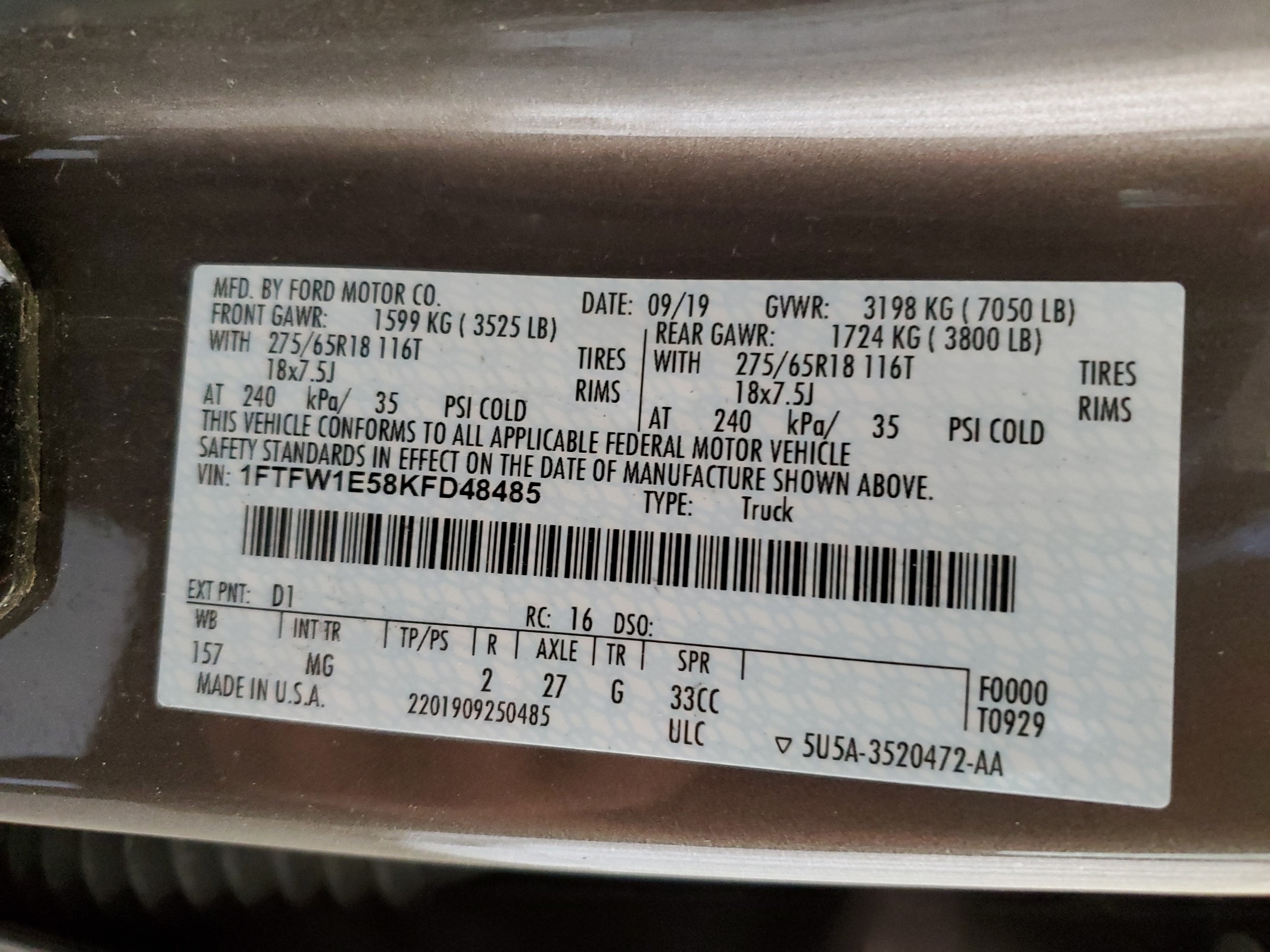 1FTFW1E58KFD48485 2019 Ford F150 Supercrew