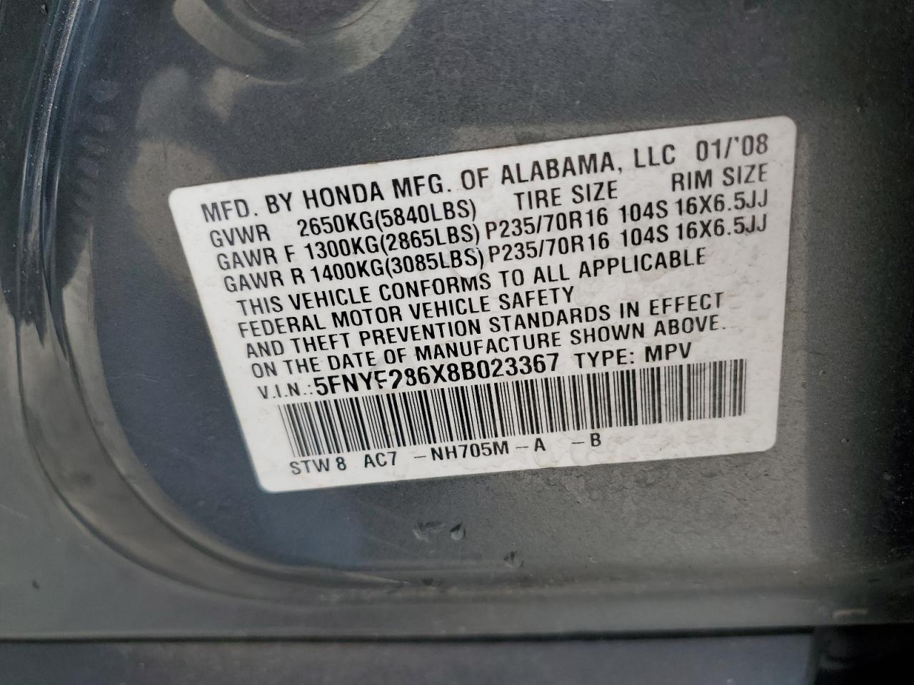 5FNYF286X8B023367 2008 Honda Pilot Exl