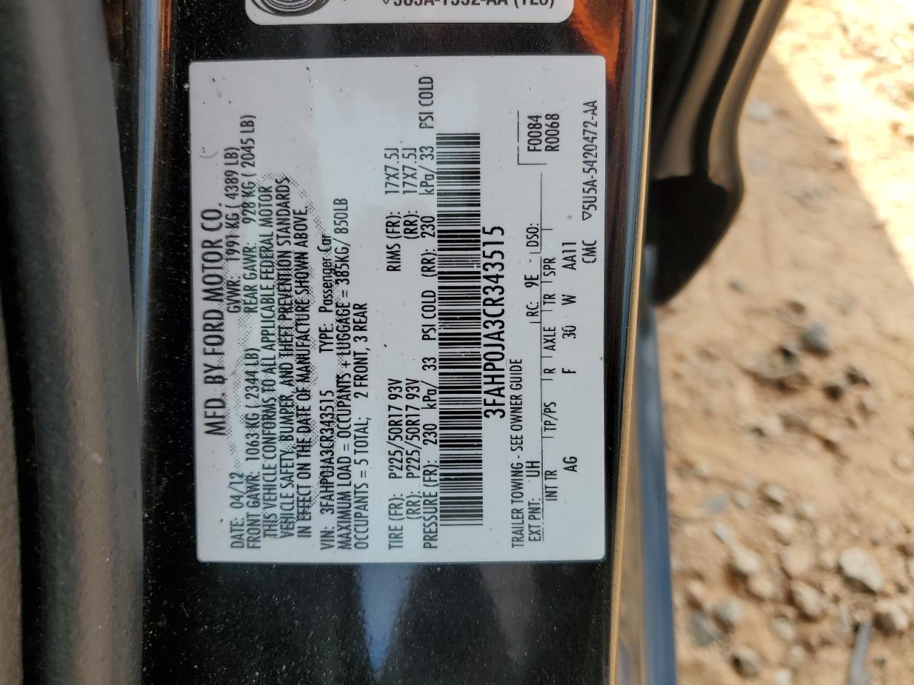 2012 Ford Fusion Sel VIN: 3FAHP0JA3CR343515 Lot: 60385254