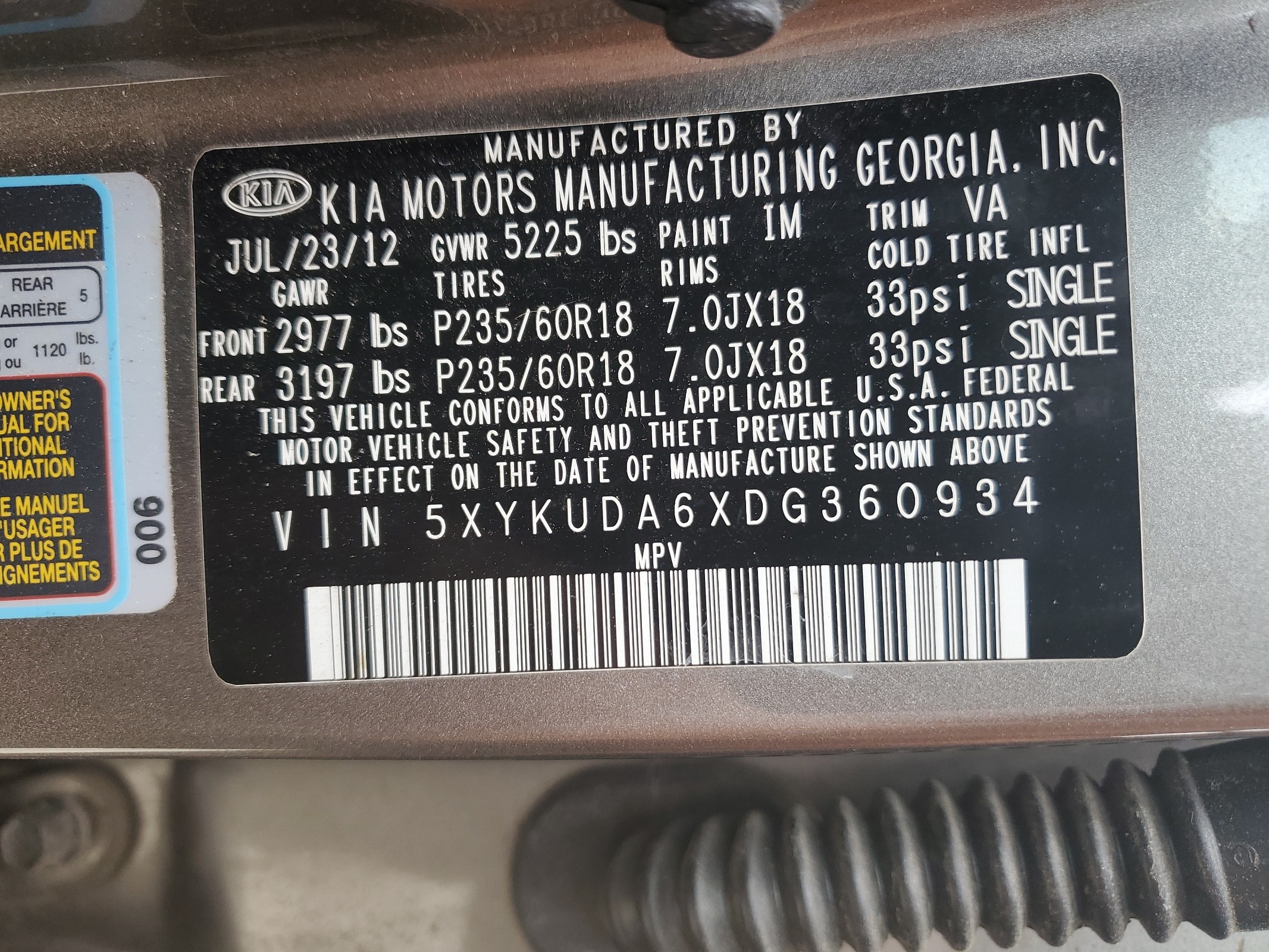 5XYKUDA6XDG360934 2013 Kia Sorento Ex