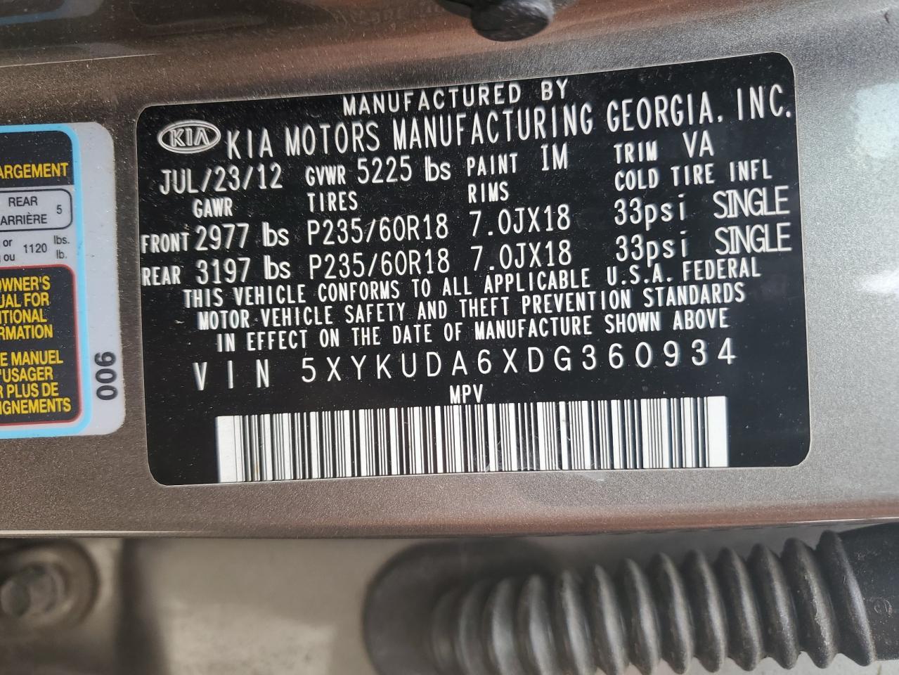 2013 Kia Sorento Ex VIN: 5XYKUDA6XDG360934 Lot: 59828084