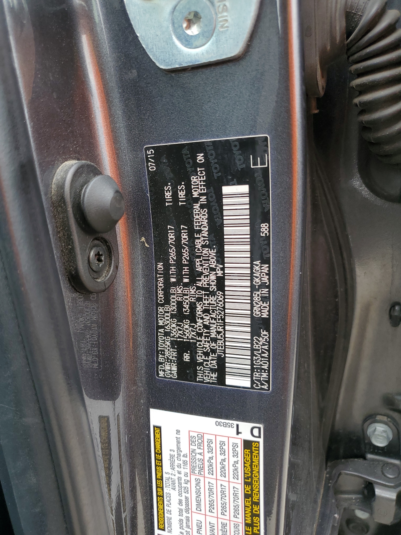 JTEBU5JR1F5276069 2015 Toyota 4Runner Sr5