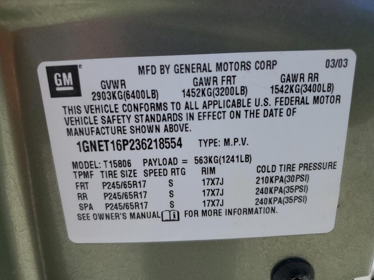 2003 Chevrolet Trailblazer Ext VIN: 1GNET16P236218554 Lot: 58282154