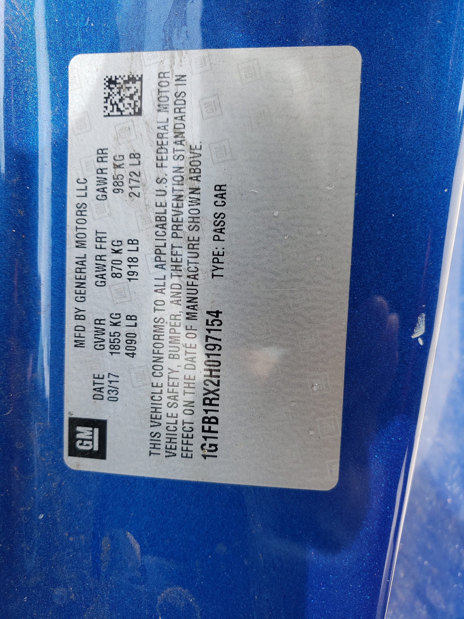 1G1FB1RX2H0197154 2017 Chevrolet Camaro Lt