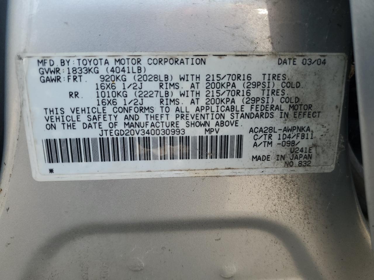 2004 Toyota Rav4 VIN: JTEGD20V340030993 Lot: 60002524