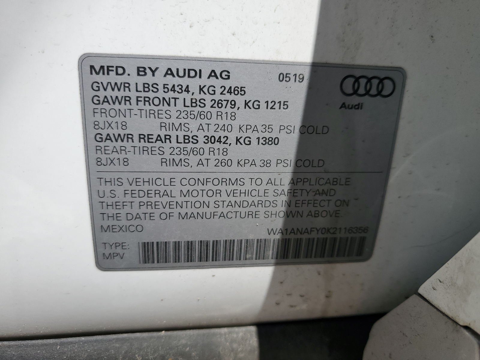 WA1ANAFY0K2116356 2019 Audi Q5 Premium