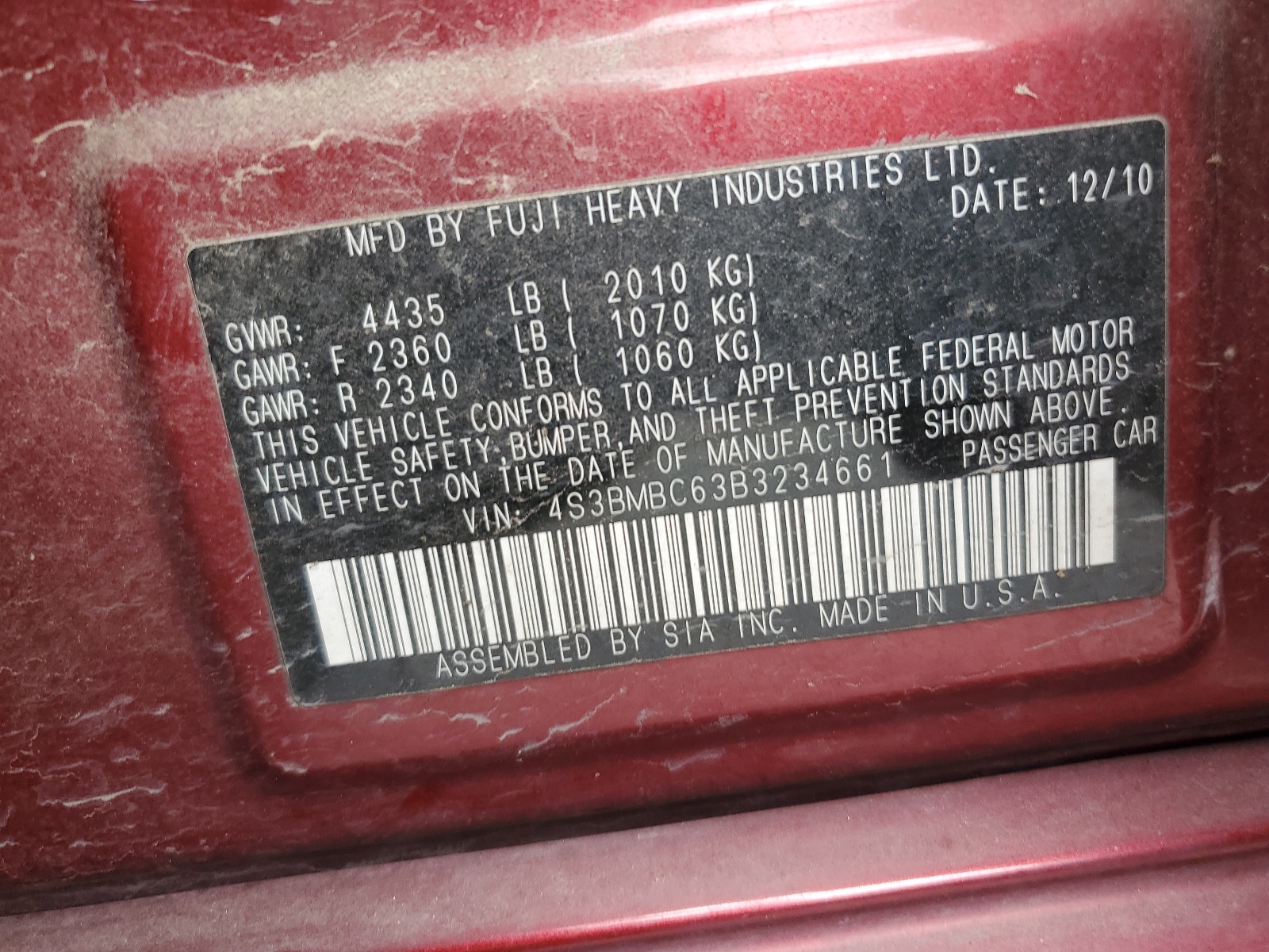 4S3BMBC63B3234661 2011 Subaru Legacy 2.5I Premium