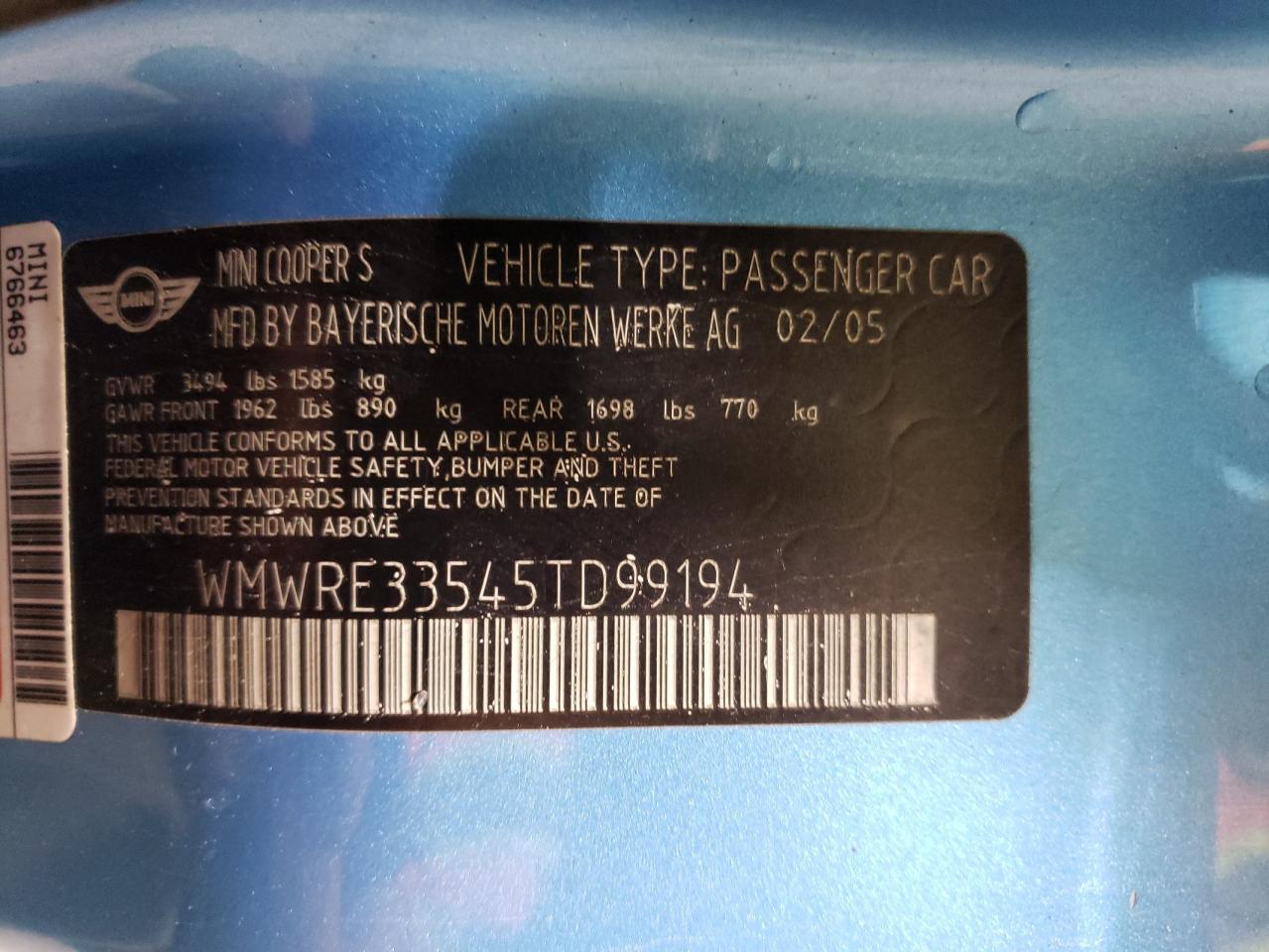 2005 Mini Cooper S VIN: WMWRE33545TD99194 Lot: 58819854