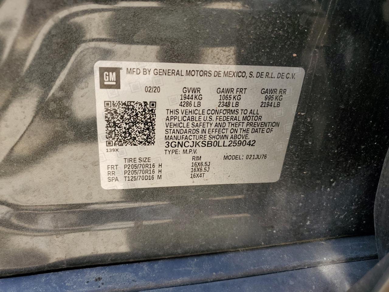 2020 Chevrolet Trax Ls VIN: 3GNCJKSB0LL259042 Lot: 57625504