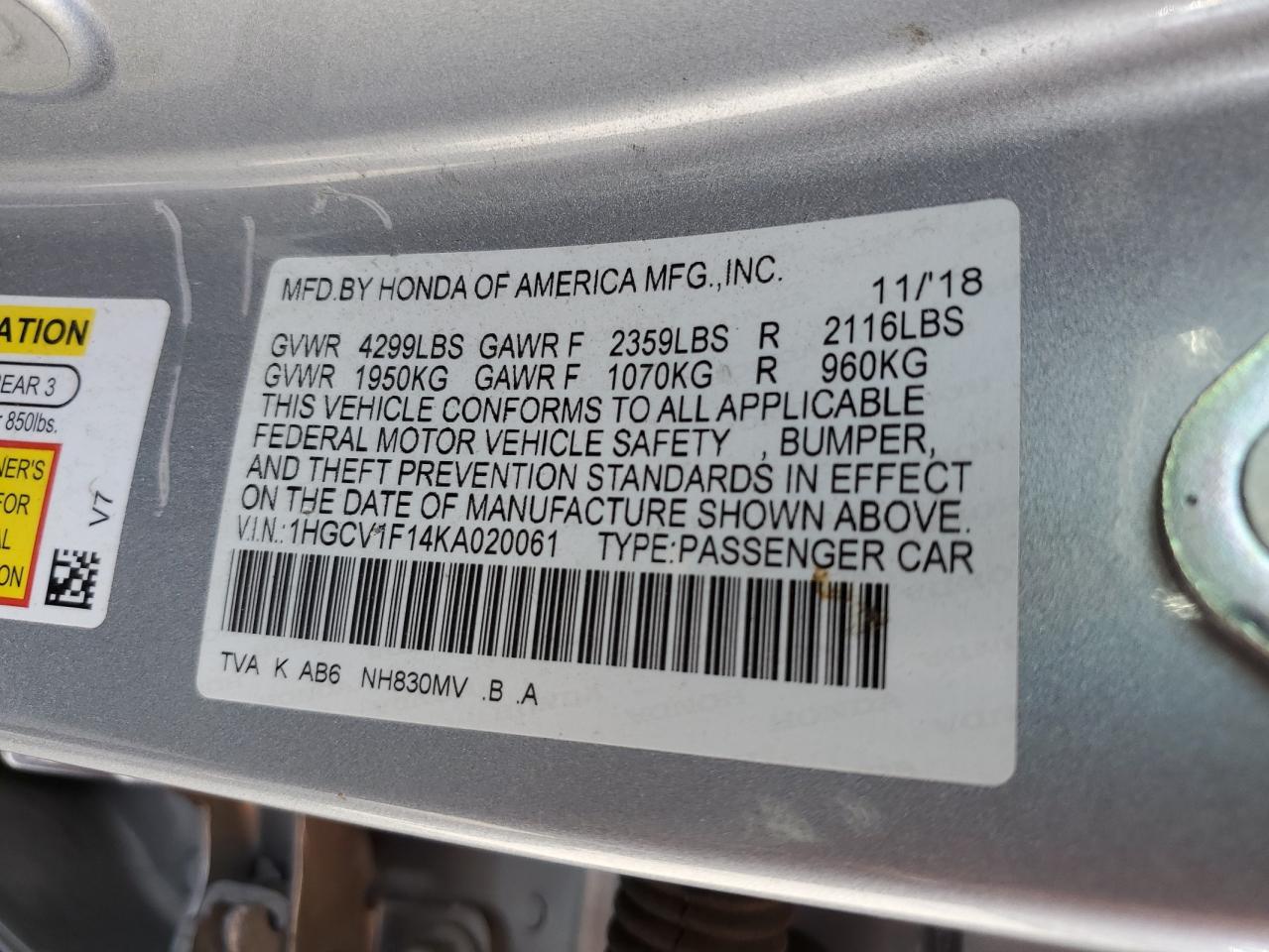 1HGCV1F14KA020061 2019 HONDA ACCORD - Image 13