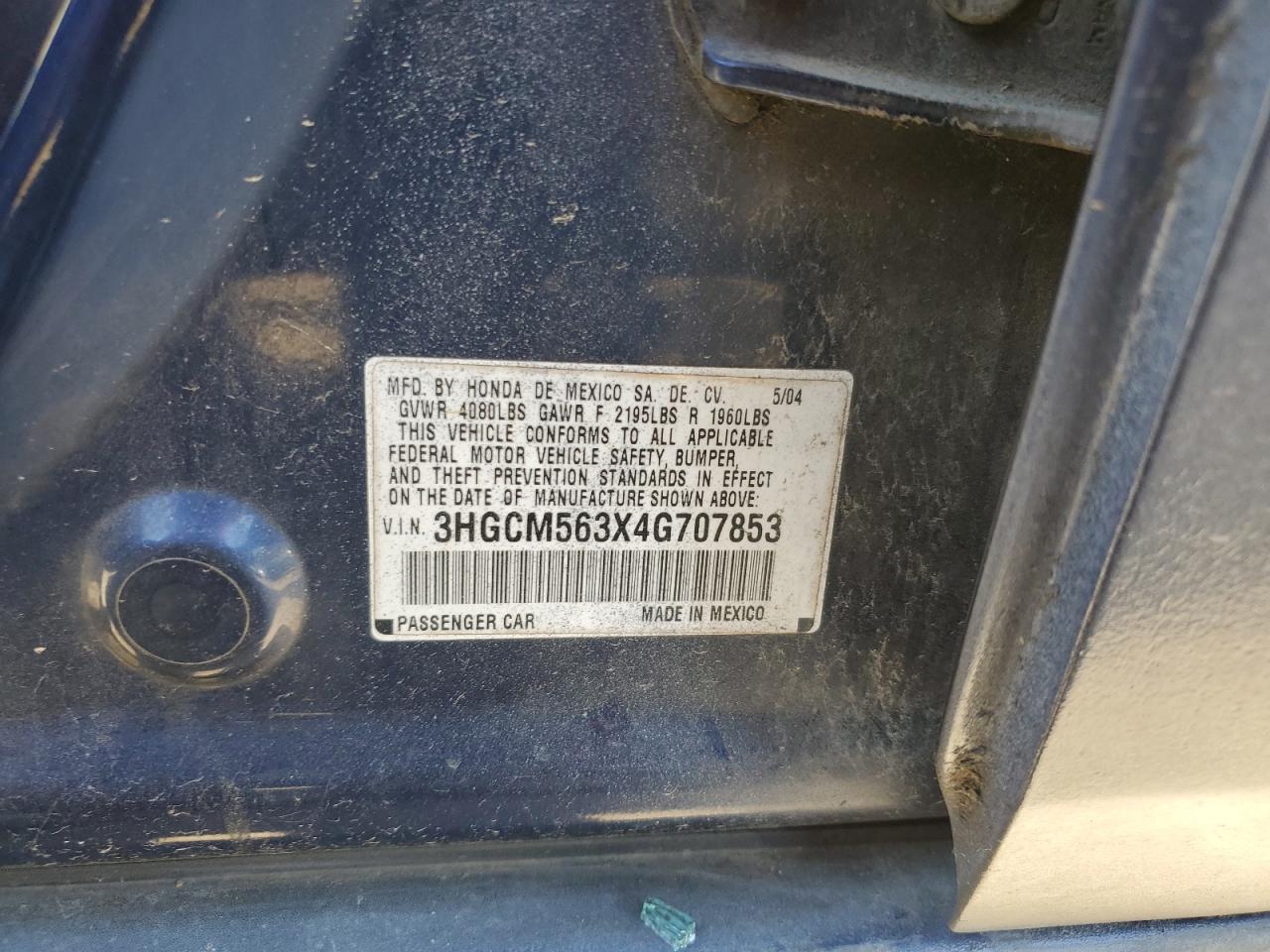 2004 Honda Accord Lx VIN: 3HGCM563X4G707853 Lot: 60195834