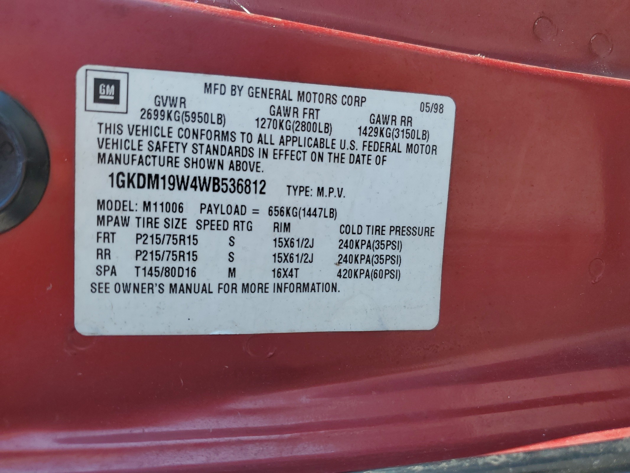 1GKDM19W4WB536812 1998 GMC Safari Xt