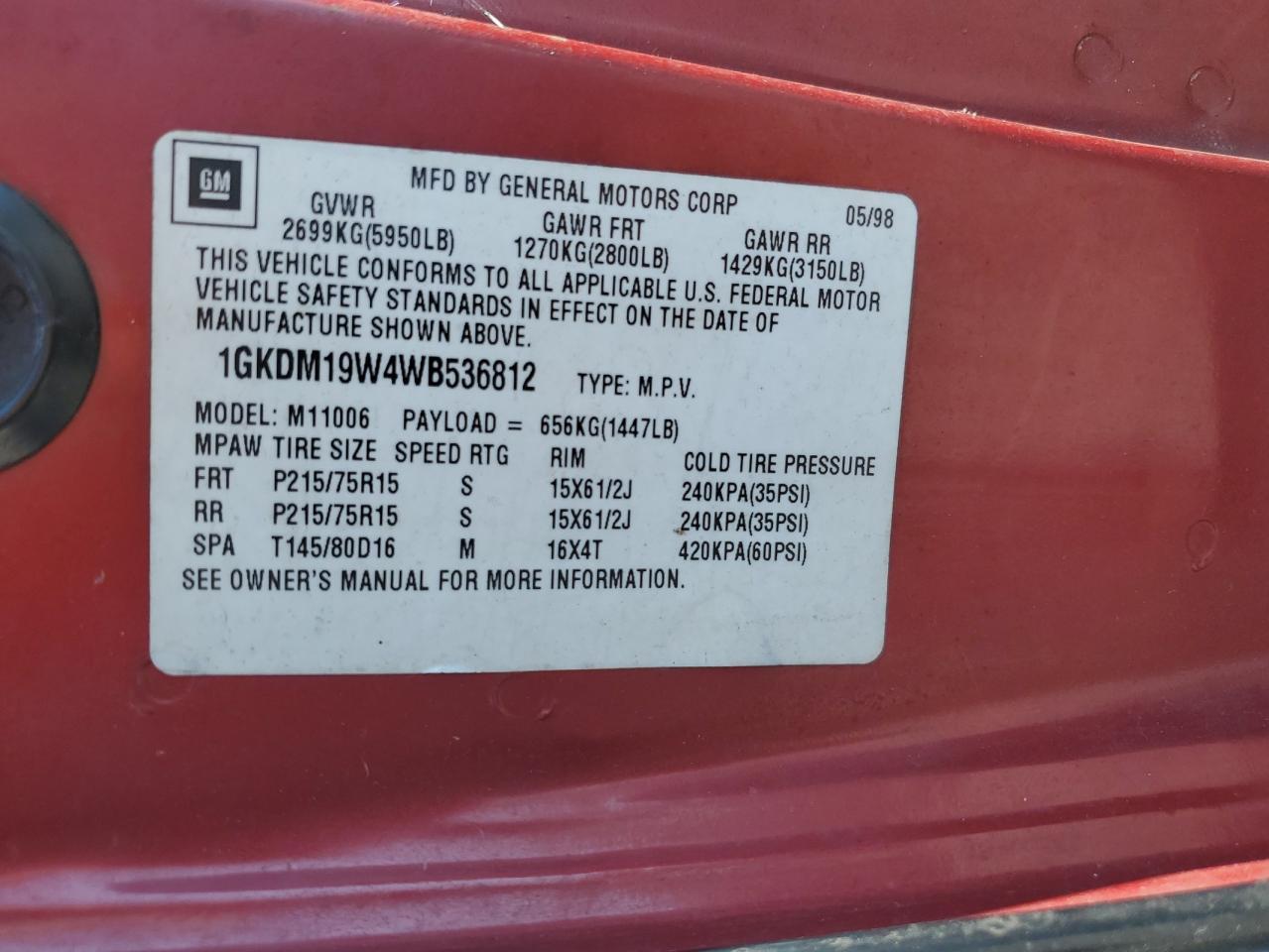 1998 GMC Safari Xt VIN: 1GKDM19W4WB536812 Lot: 59879024