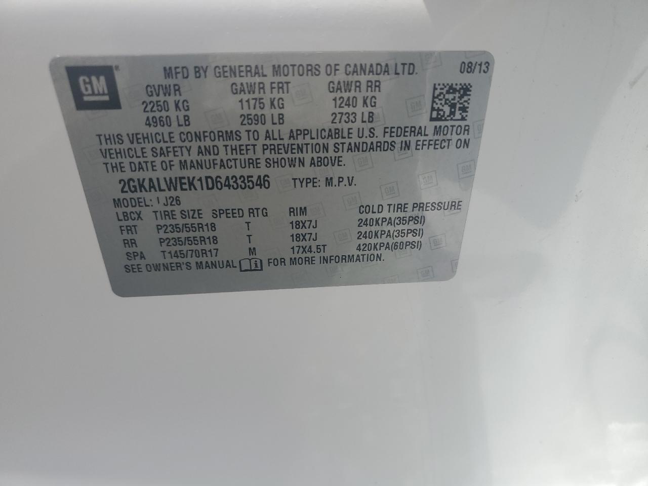 2013 GMC Terrain Slt VIN: 2GKALWEK1D6433546 Lot: 57933774