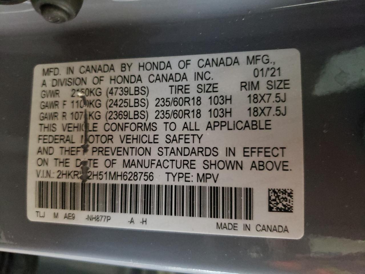 2021 Honda Cr-V Ex VIN: 2HKRW2H51MH628756 Lot: 60454454