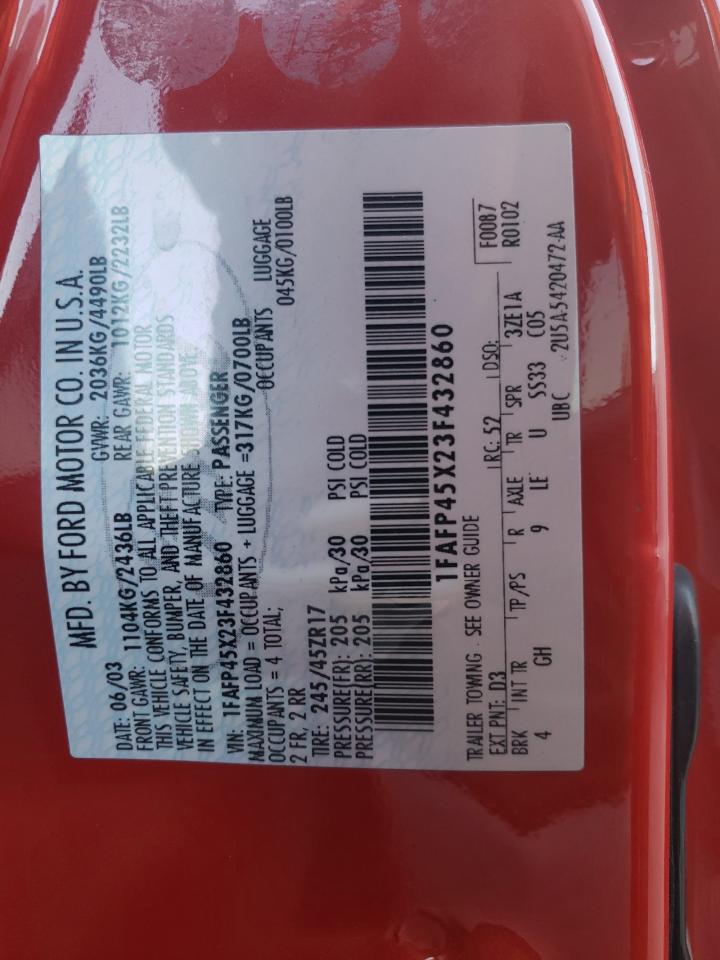 2003 Ford Mustang Gt VIN: 1FAFP45X23F432860 Lot: 57313194