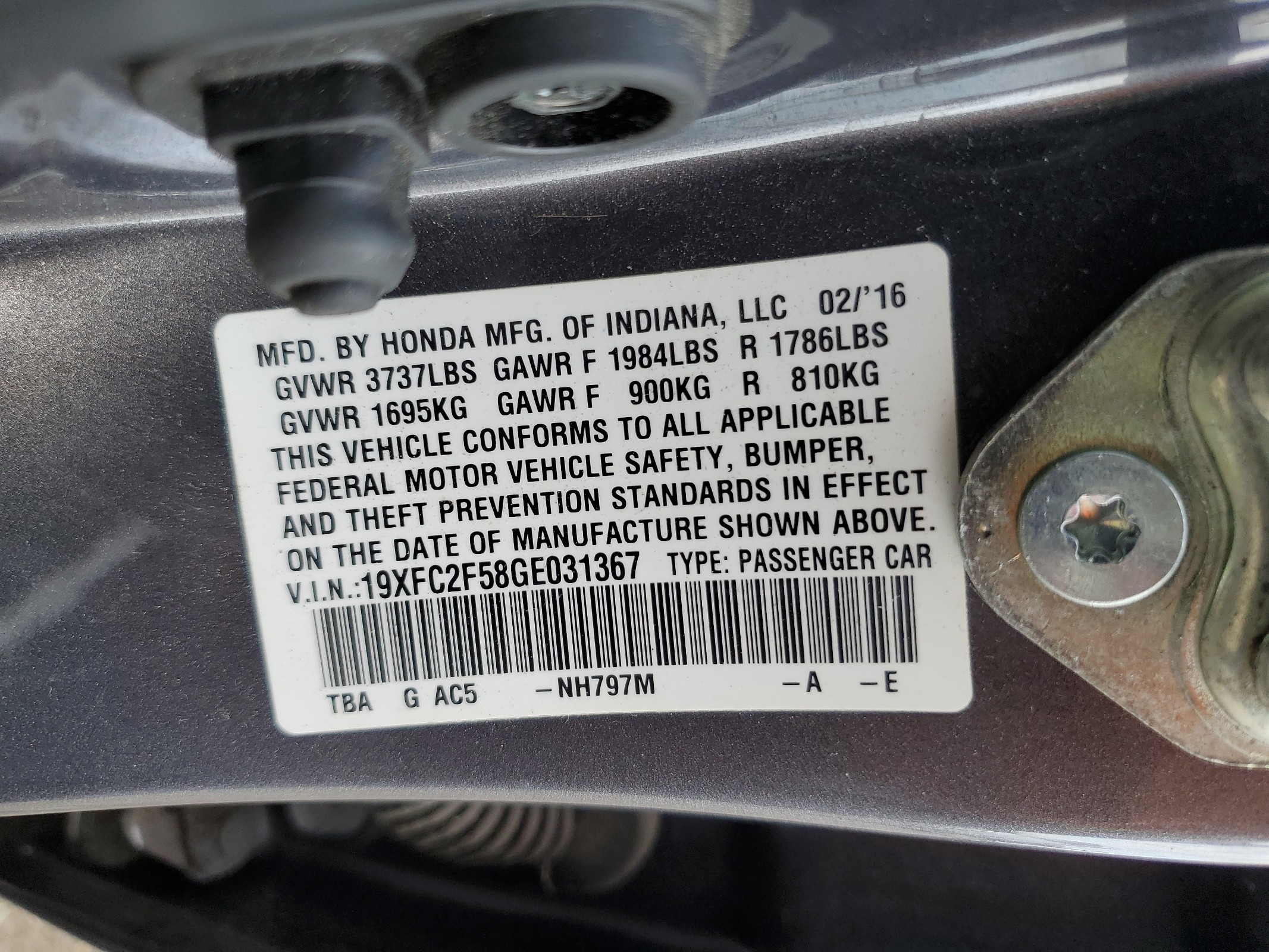 19XFC2F58GE031367 2016 Honda Civic Lx 19XFC2F58GE031367 2016 Honda Civic Lx