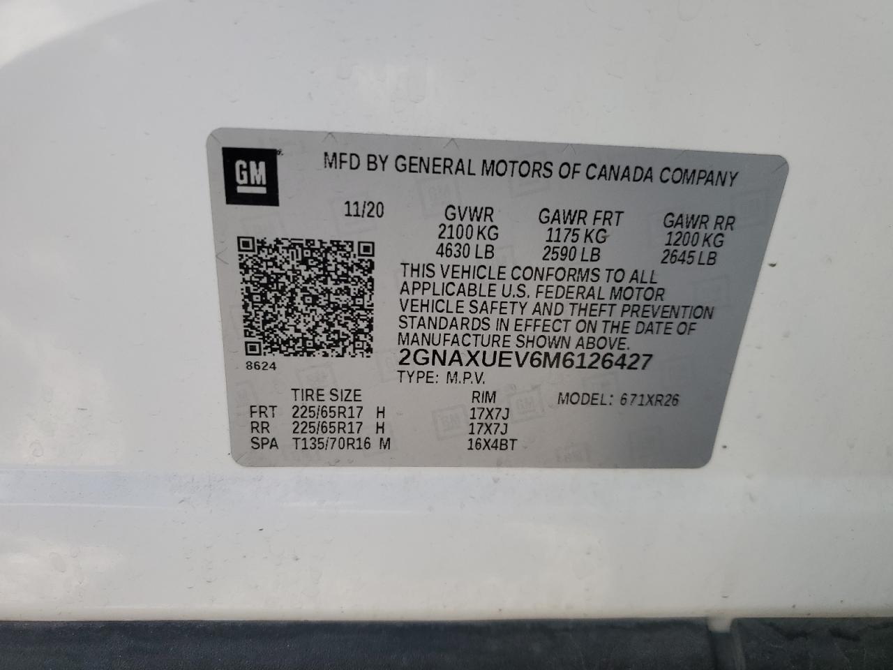 2GNAXUEV6M6126427 2021 Chevrolet Equinox Lt