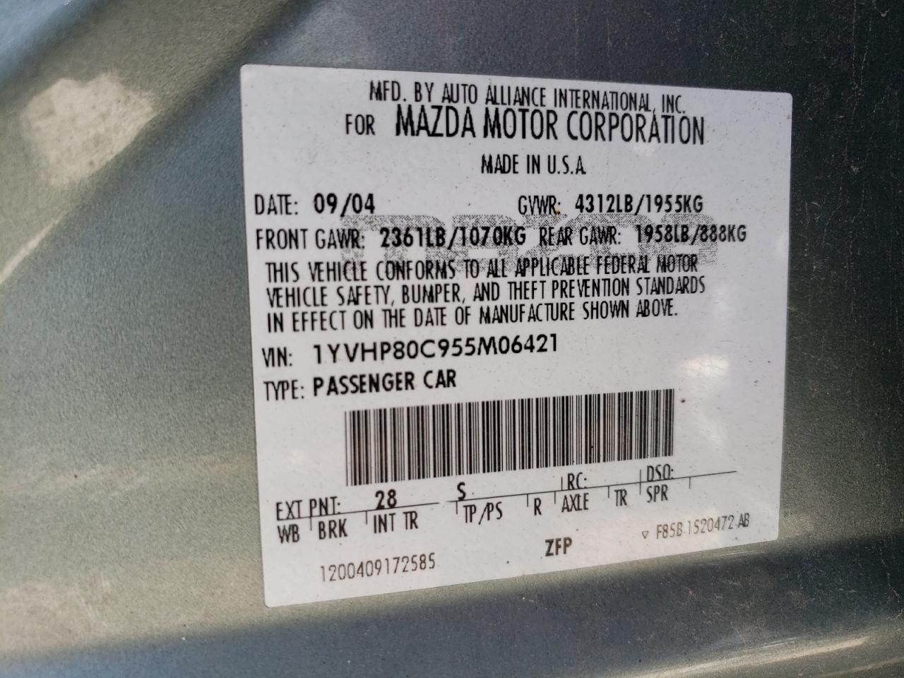 1YVHP80C955M06421 2005 Mazda 6 I