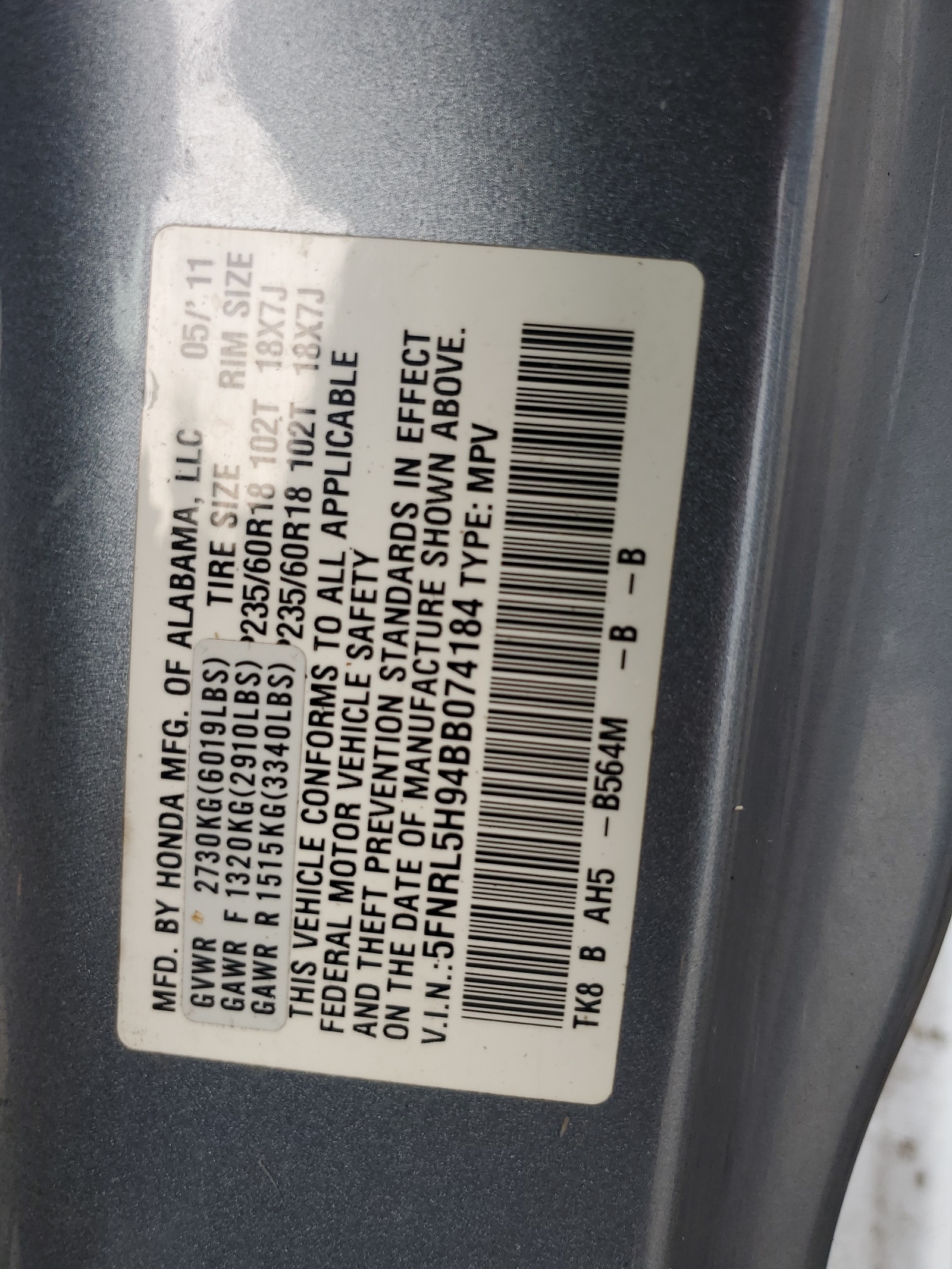 5FNRL5H94BB074184 2011 Honda Odyssey Touring