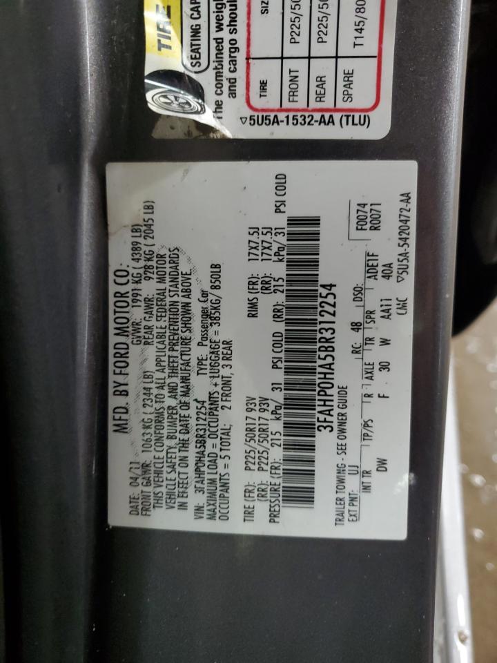 2011 Ford Fusion Se VIN: 3FAHP0HA5BR312254 Lot: 58326634