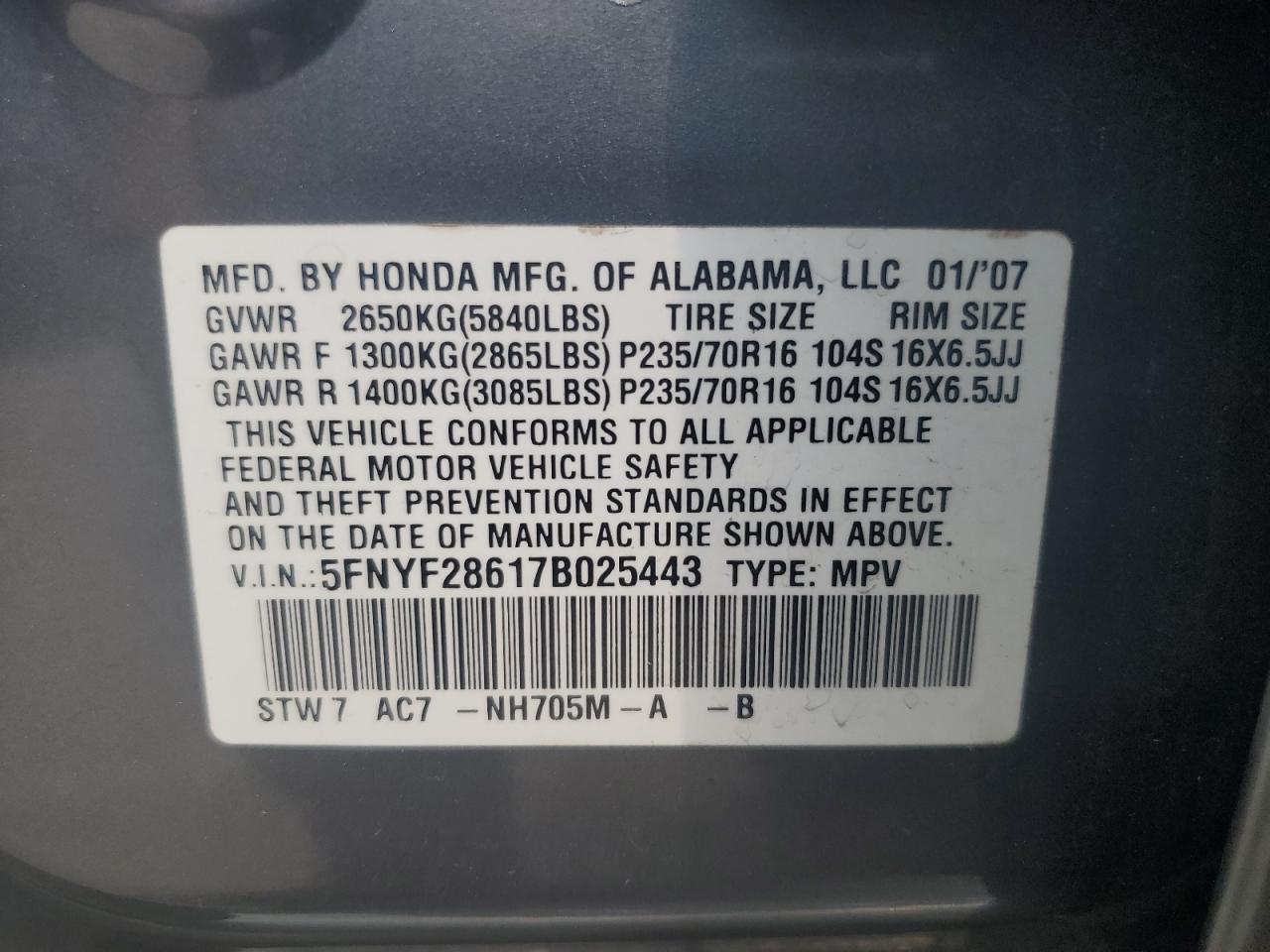 5FNYF28617B025443 2007 Honda Pilot Exl