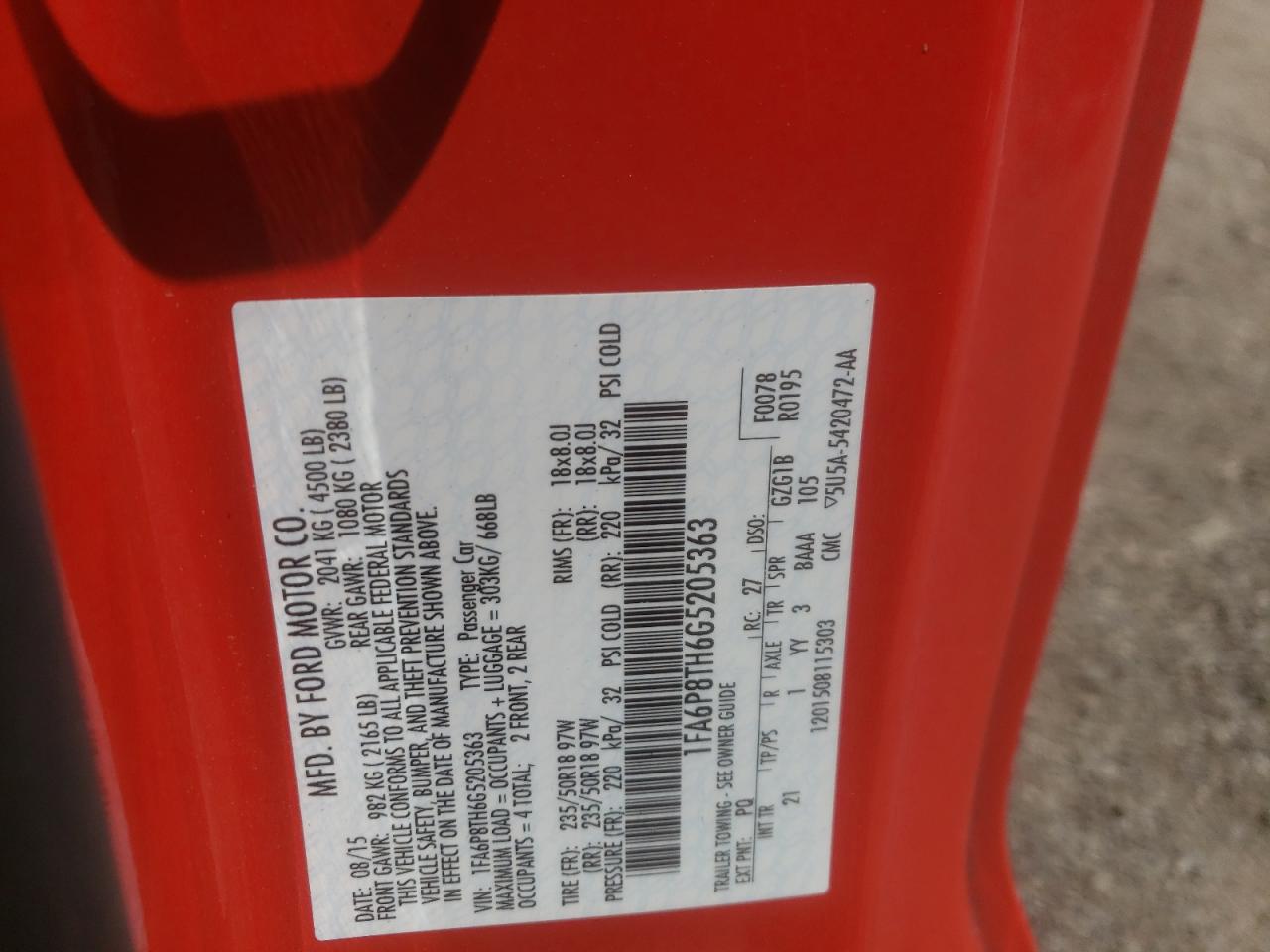 2016 Ford Mustang VIN: 1FA6P8TH6G5205363 Lot: 59617544