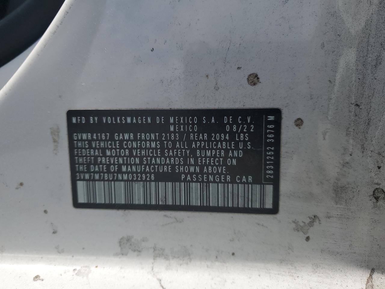 2022 Volkswagen Jetta Se VIN: 3VW7M7BU7NM032926 Lot: 60814784