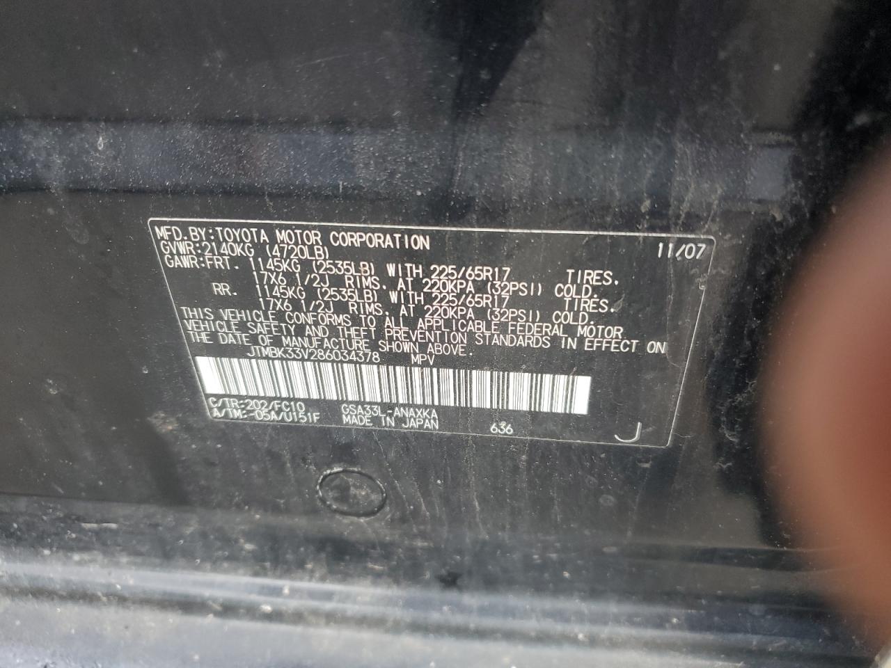 2008 Toyota Rav4 VIN: JTMBK33V286034378 Lot: 59577534