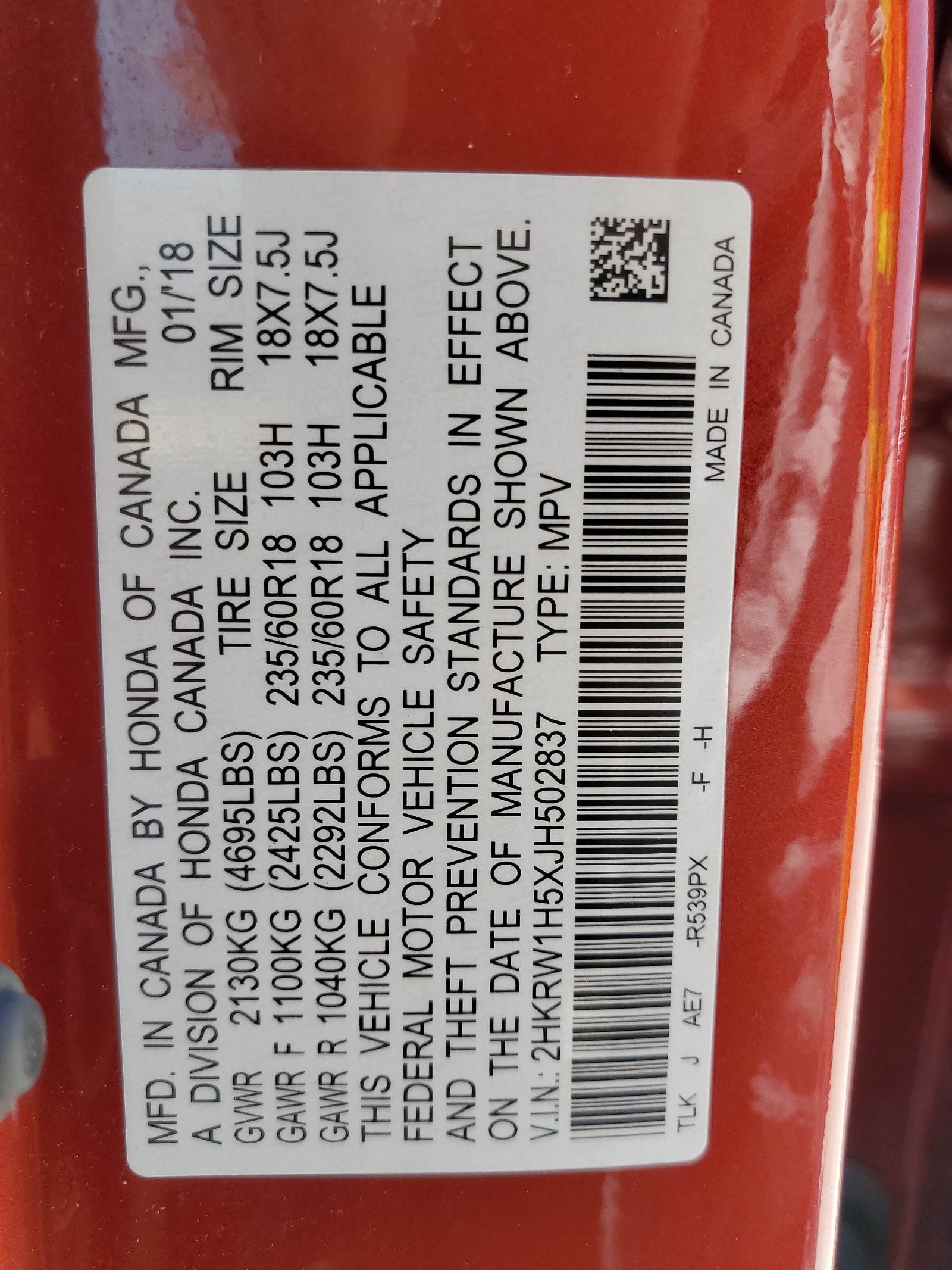 2HKRW1H5XJH502837 2018 Honda Cr-V Ex