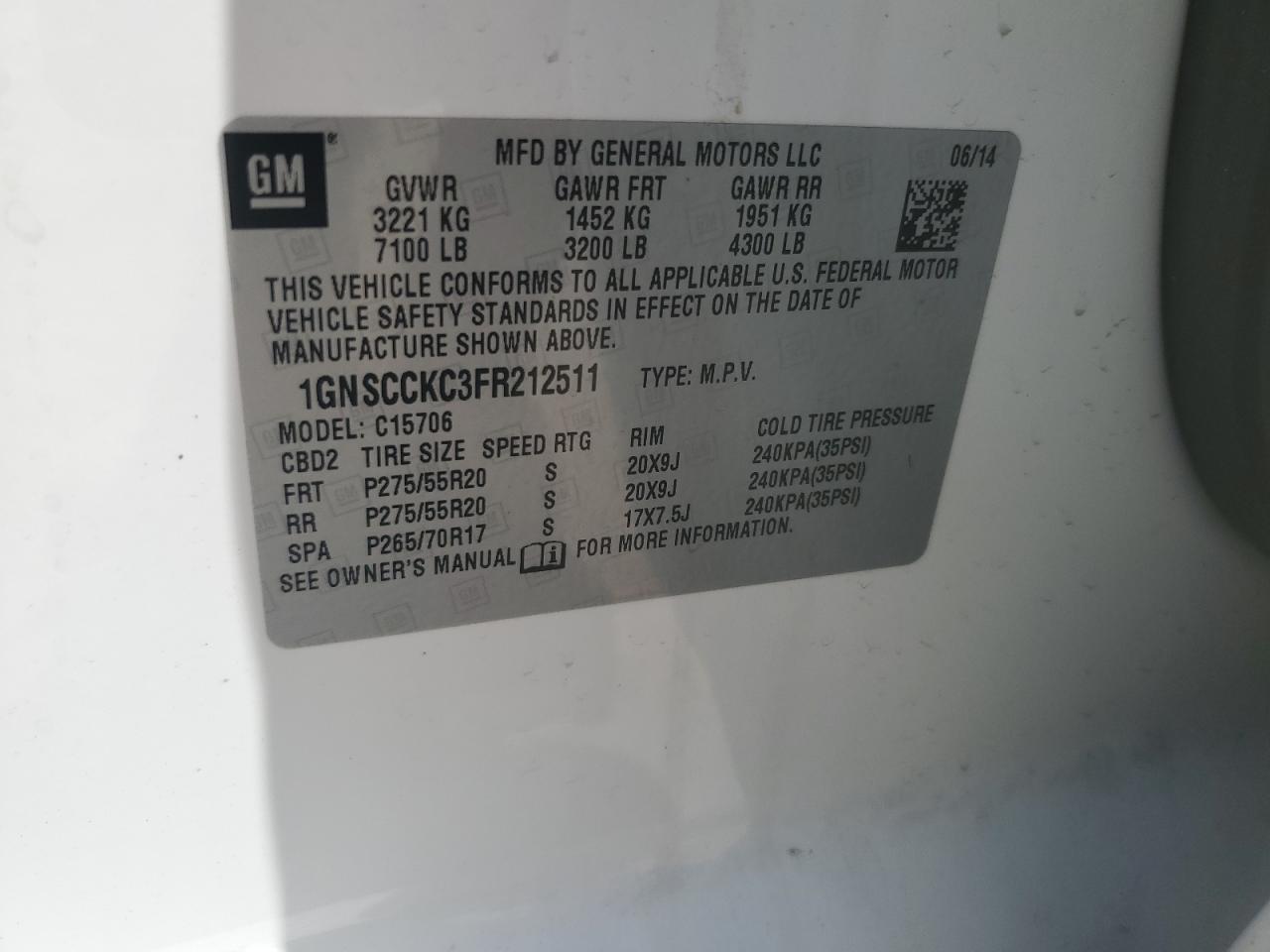 2015 Chevrolet Tahoe C1500 Ltz VIN: 1GNSCCKC3FR212511 Lot: 61754945