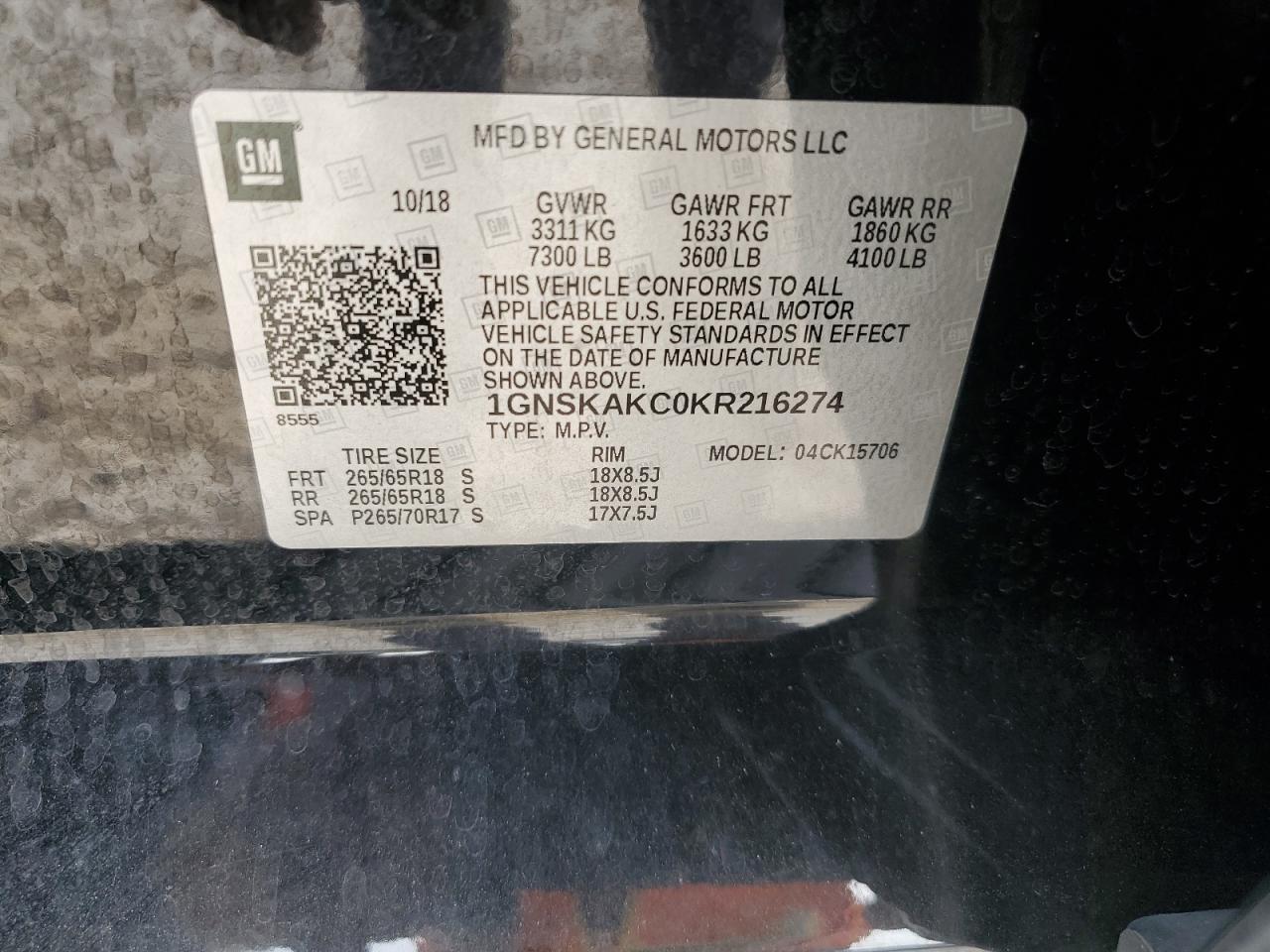 2019 Chevrolet Tahoe K1500 Ls VIN: 1GNSKAKC0KR216274 Lot: 60636504