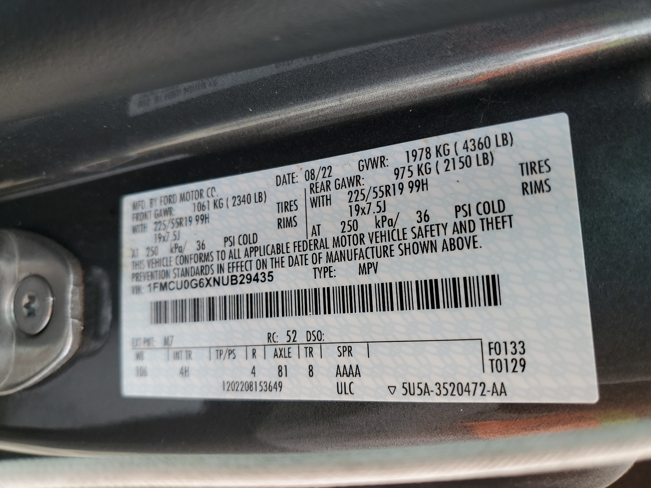 1FMCU0G6XNUB29435 2022 Ford Escape Se