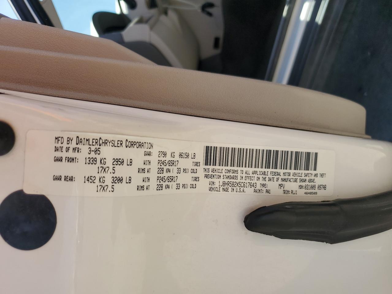 2005 Jeep Grand Cherokee Limited VIN: 1J8HR582X5C617643 Lot: 58344784