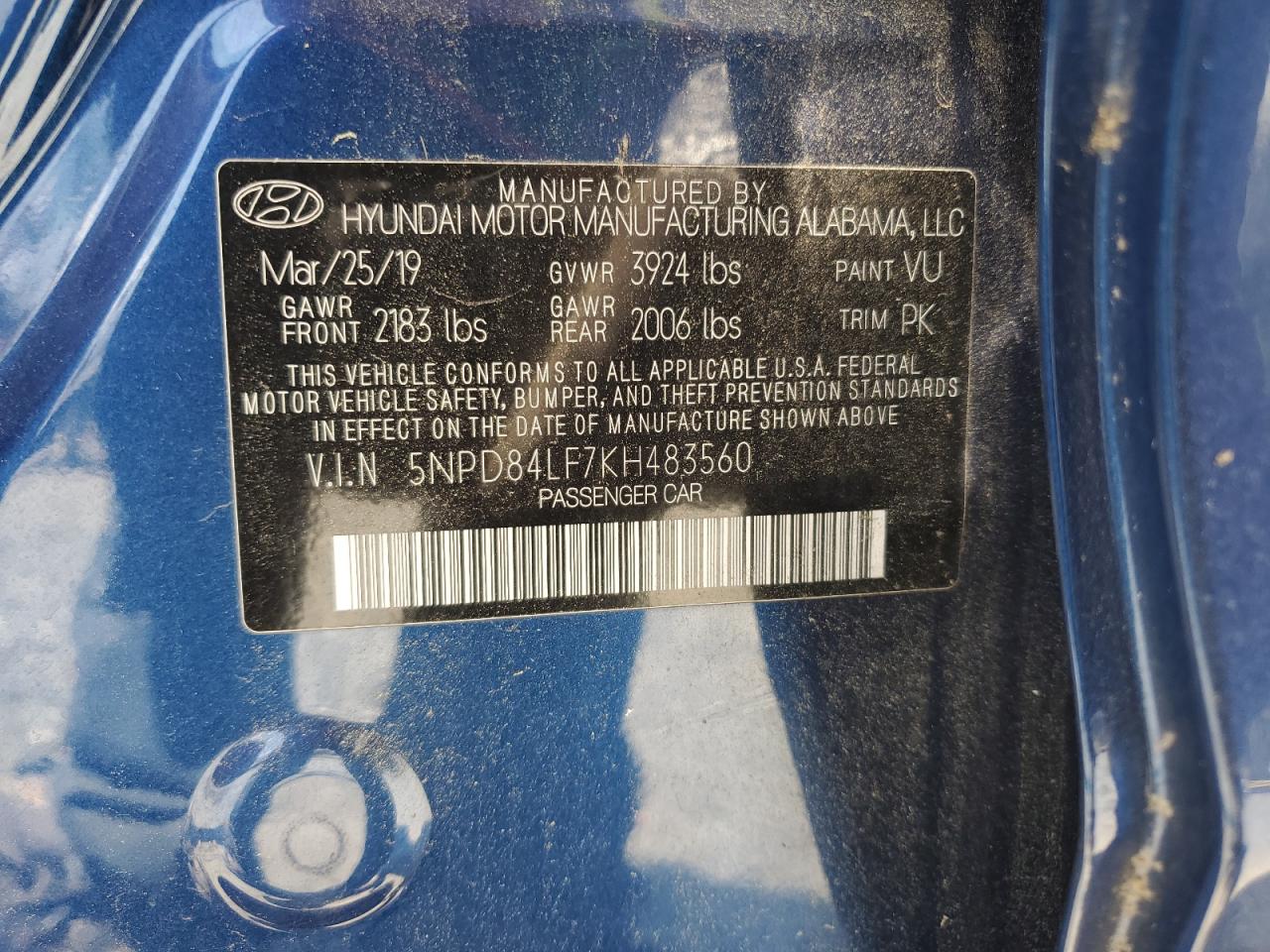 2019 Hyundai Elantra Sel VIN: 5NPD84LF7KH483560 Lot: 59670994